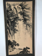 Japanese Hanging Scroll Vtg Kakejiku Waterfall Landscape Ink Black White KJ61