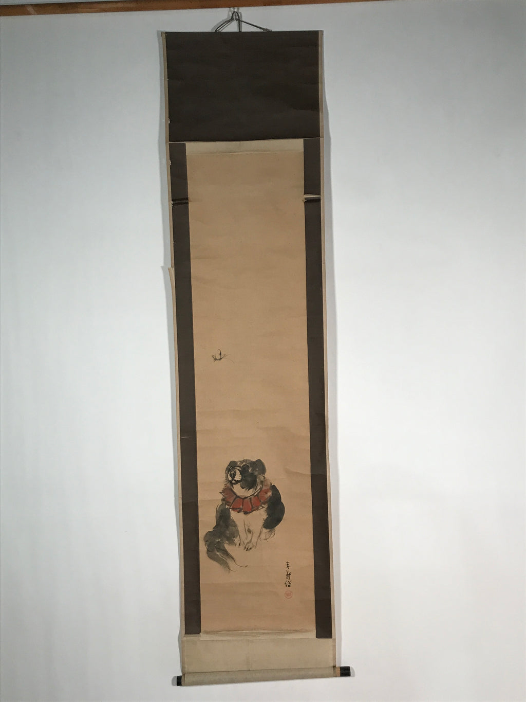 Japanese Hanging Scroll Vtg Kakejiku Zodiac Animal Dog Inu Simple Black Red KJ50