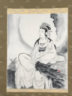 Japanese Hanging Scroll Vtg Kannon Seated On Rock Buddhist Kakejiku SC839