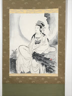 Japanese Hanging Scroll Vtg Kannon Seated On Rock Buddhist Kakejiku SC839