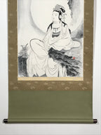 Japanese Hanging Scroll Vtg Kannon Seated On Rock Buddhist Kakejiku SC839