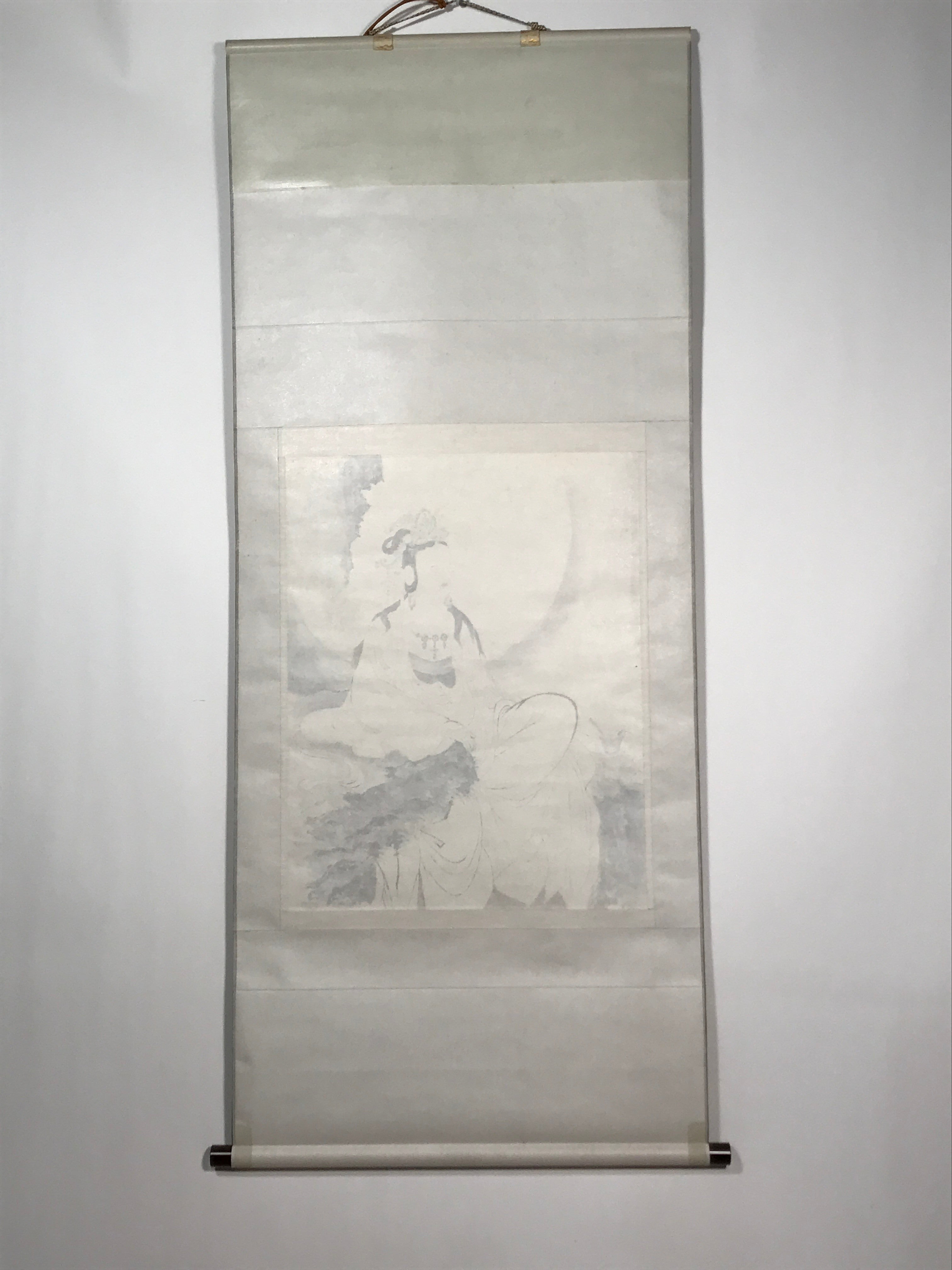 Japanese Hanging Scroll Vtg Kannon Seated On Rock Buddhist Kakejiku SC839