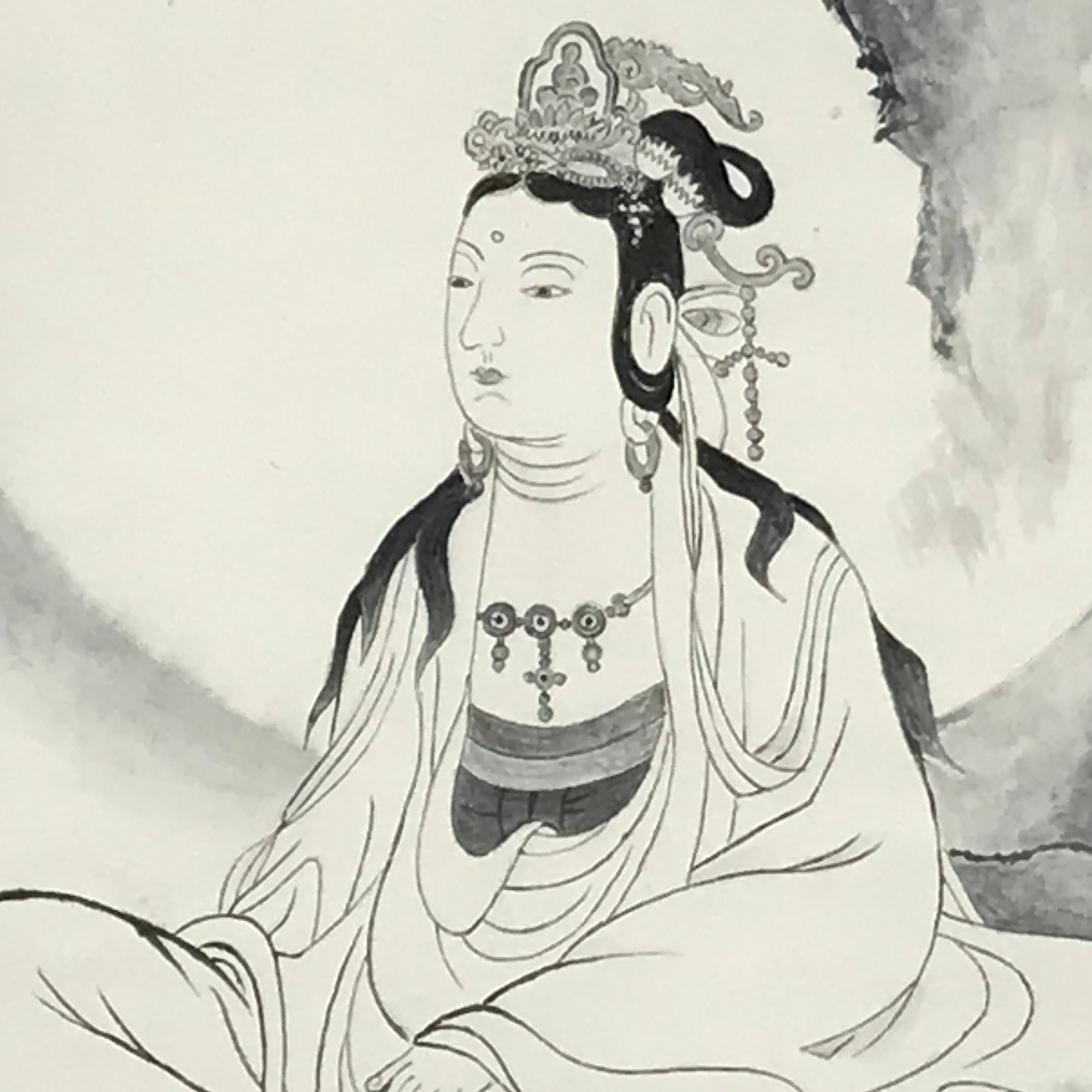 Japanese Hanging Scroll Vtg Kannon Seated On Rock Buddhist Kakejiku SC839