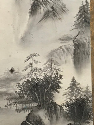 Japanese Hanging Scroll Vtg Landscape Temple Mountain Monochrome Kakejiku SC812