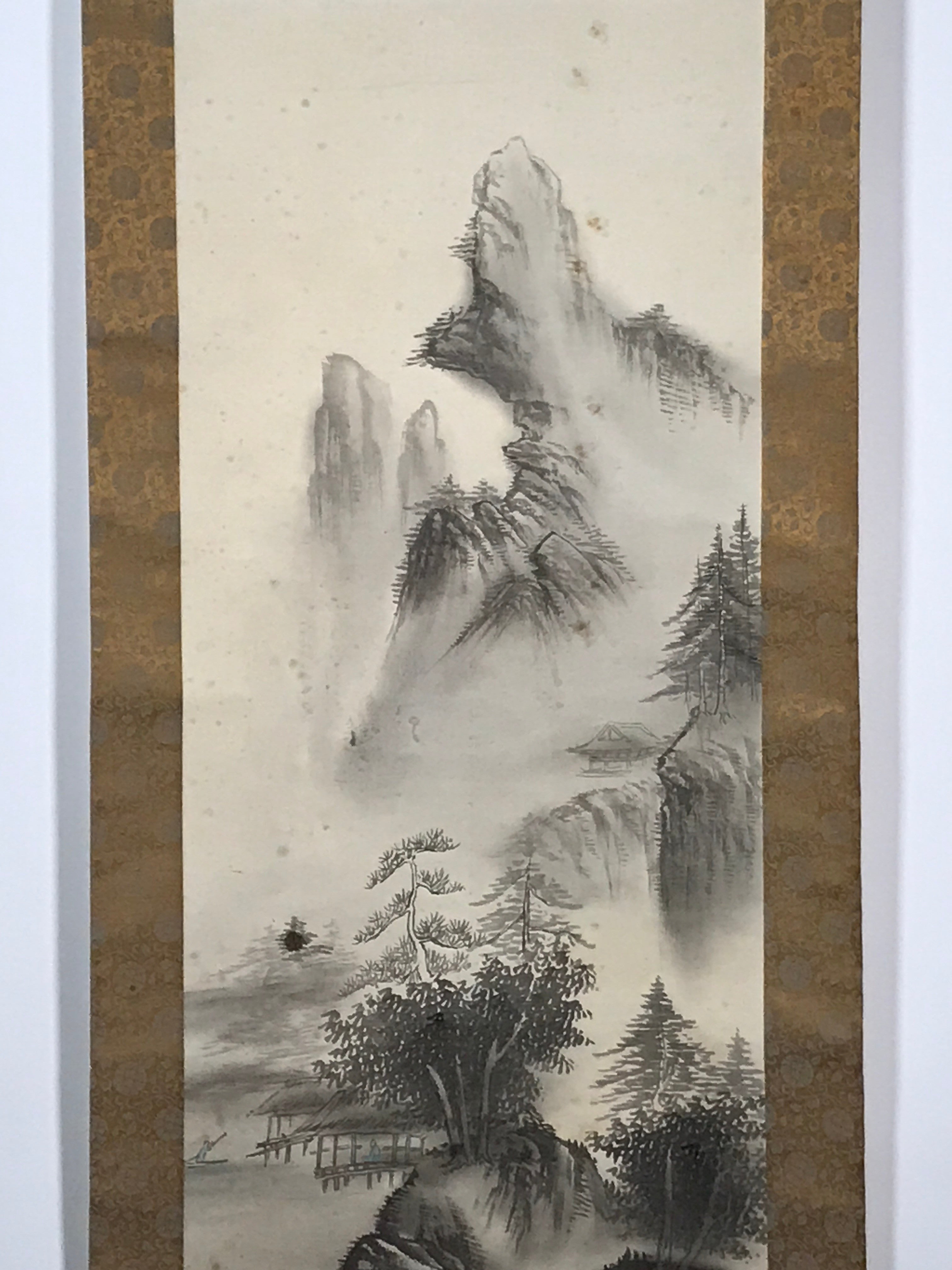 Japanese Hanging Scroll Vtg Landscape Temple Mountain Monochrome Kakejiku SC812