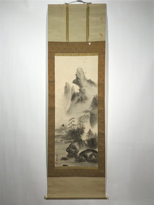 Japanese Hanging Scroll Vtg Landscape Temple Mountain Monochrome Kakejiku SC812