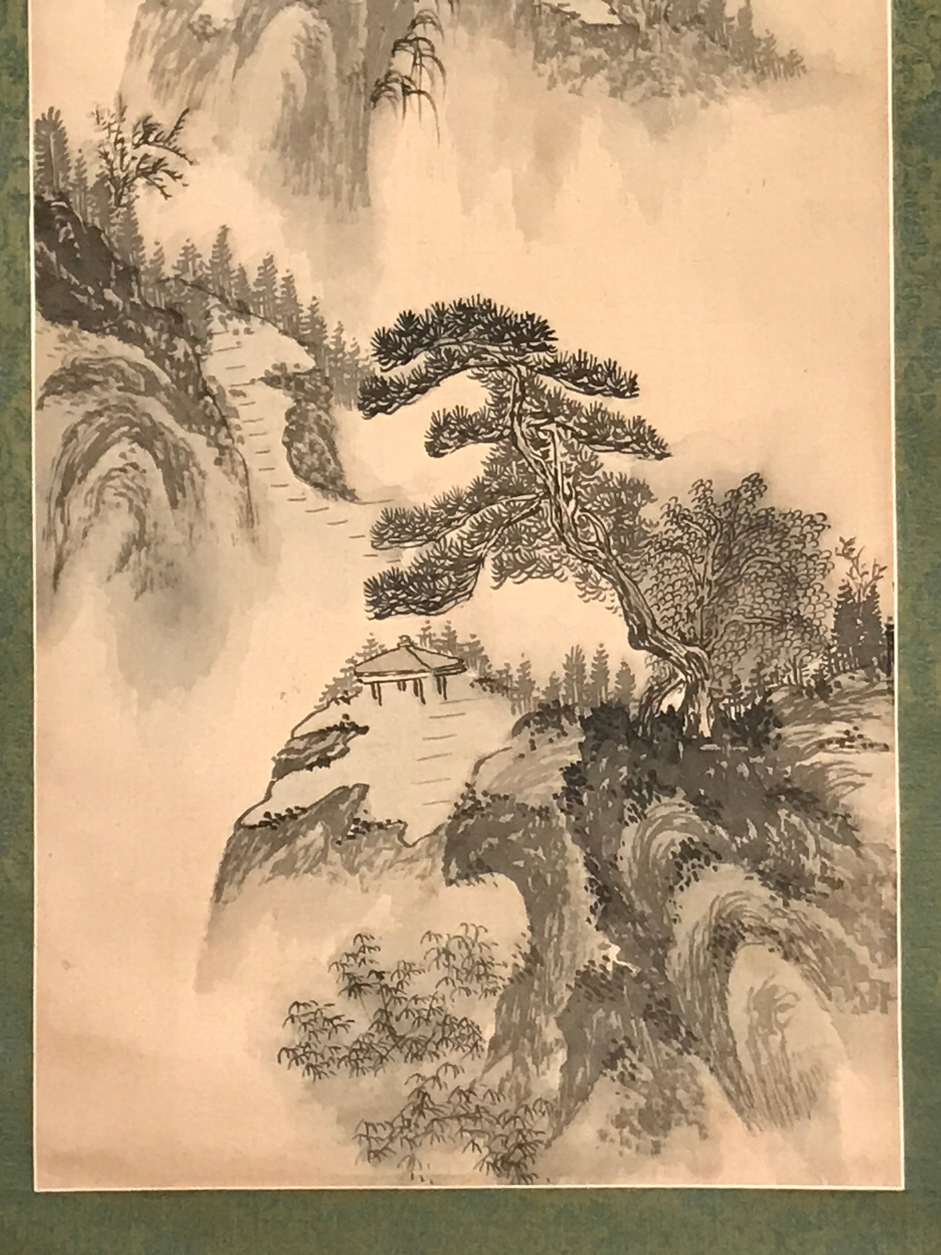 Japanese Hanging Scroll Vtg Mountain Pine Trees Clouds Monochrome Kakejiku SC835