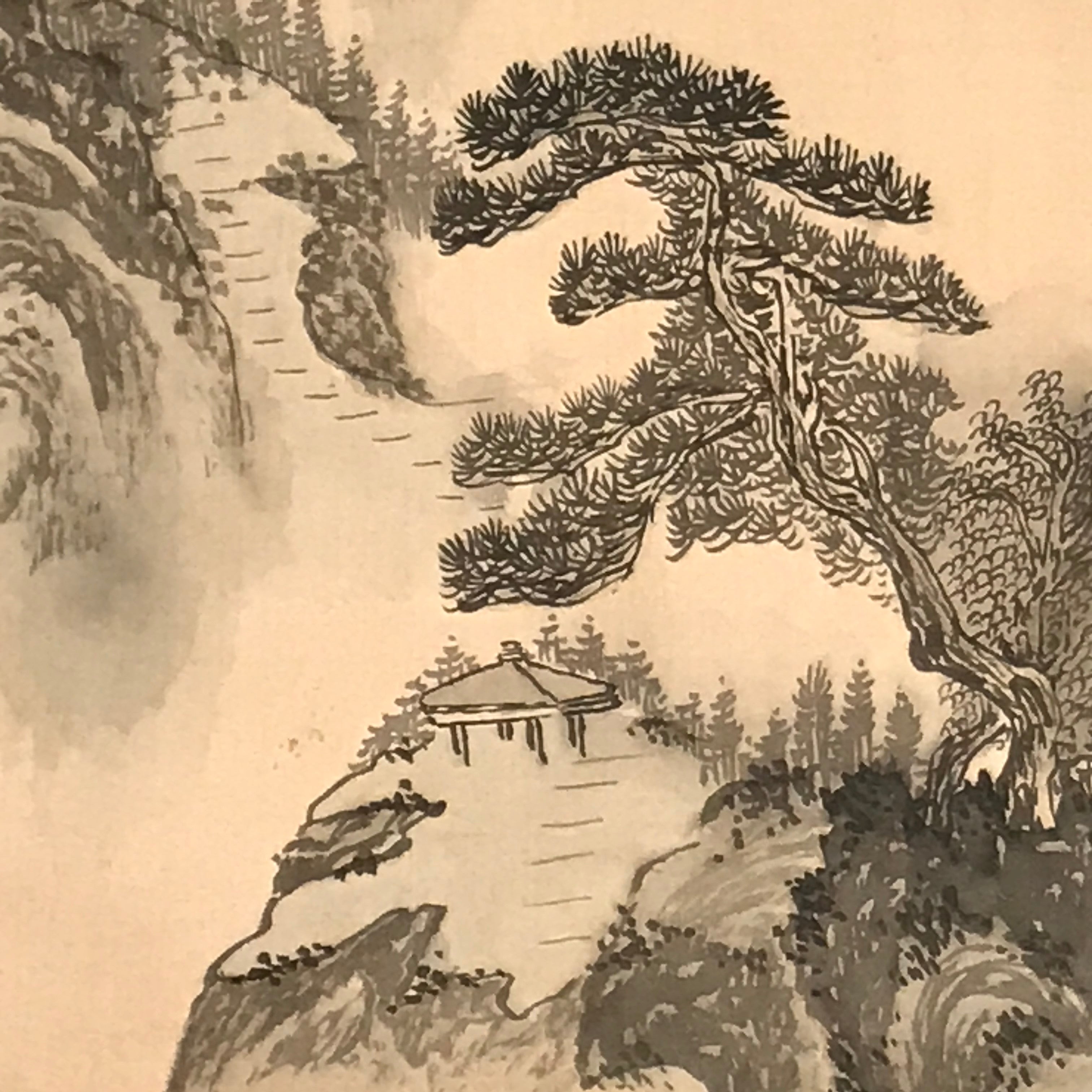 Japanese Hanging Scroll Vtg Mountain Pine Trees Clouds Monochrome 