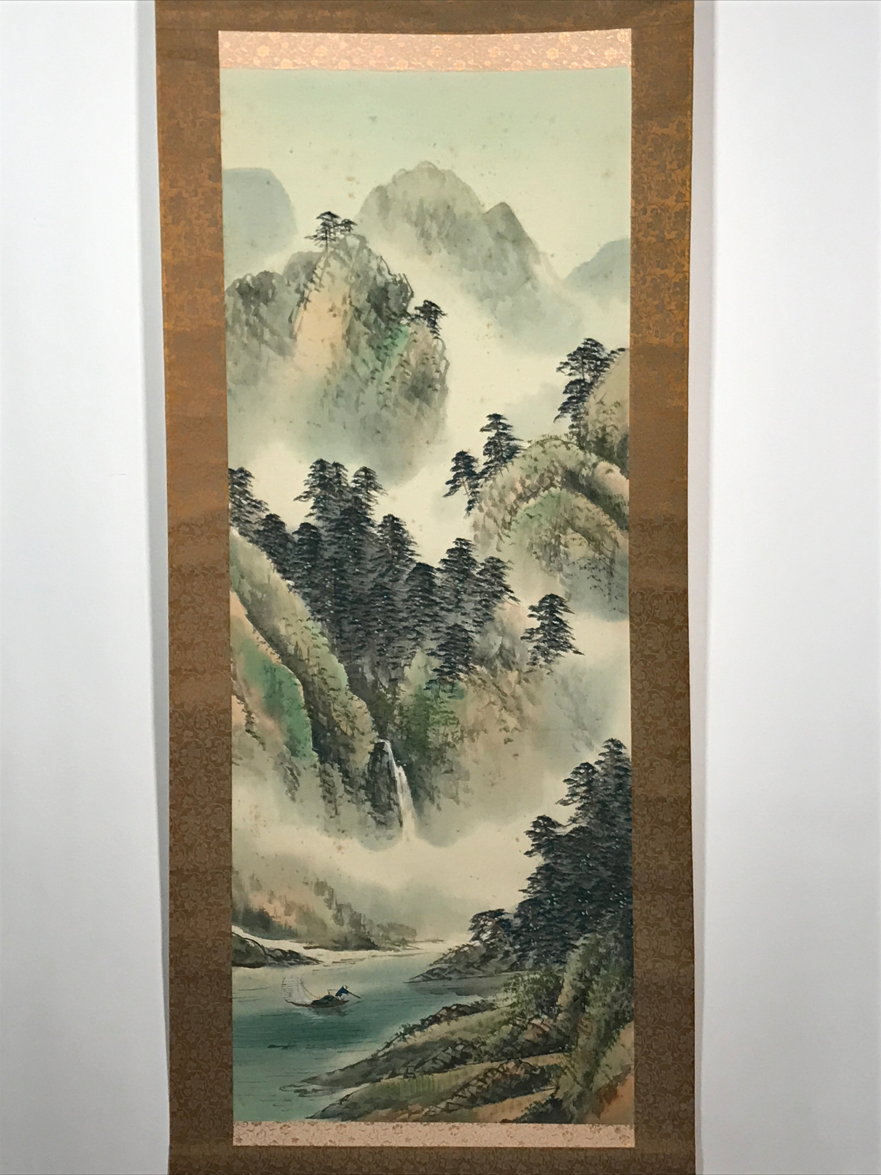 Japanese Hanging Scroll Vtg Mountain River Fishing Boat Sansui Kakejiku SC813