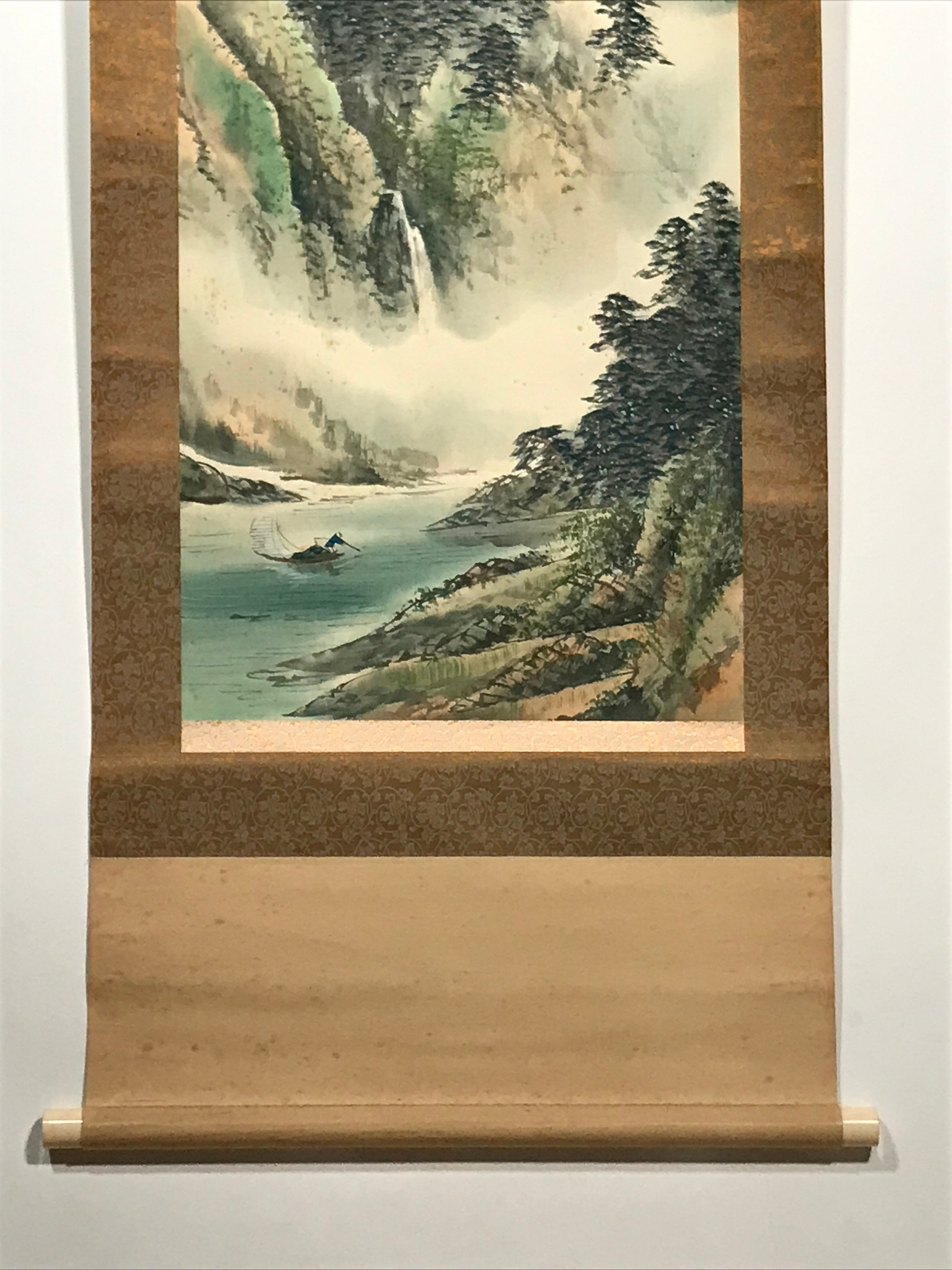 Japanese Hanging Scroll Vtg Mountain River Fishing Boat Sansui Kakejiku SC813