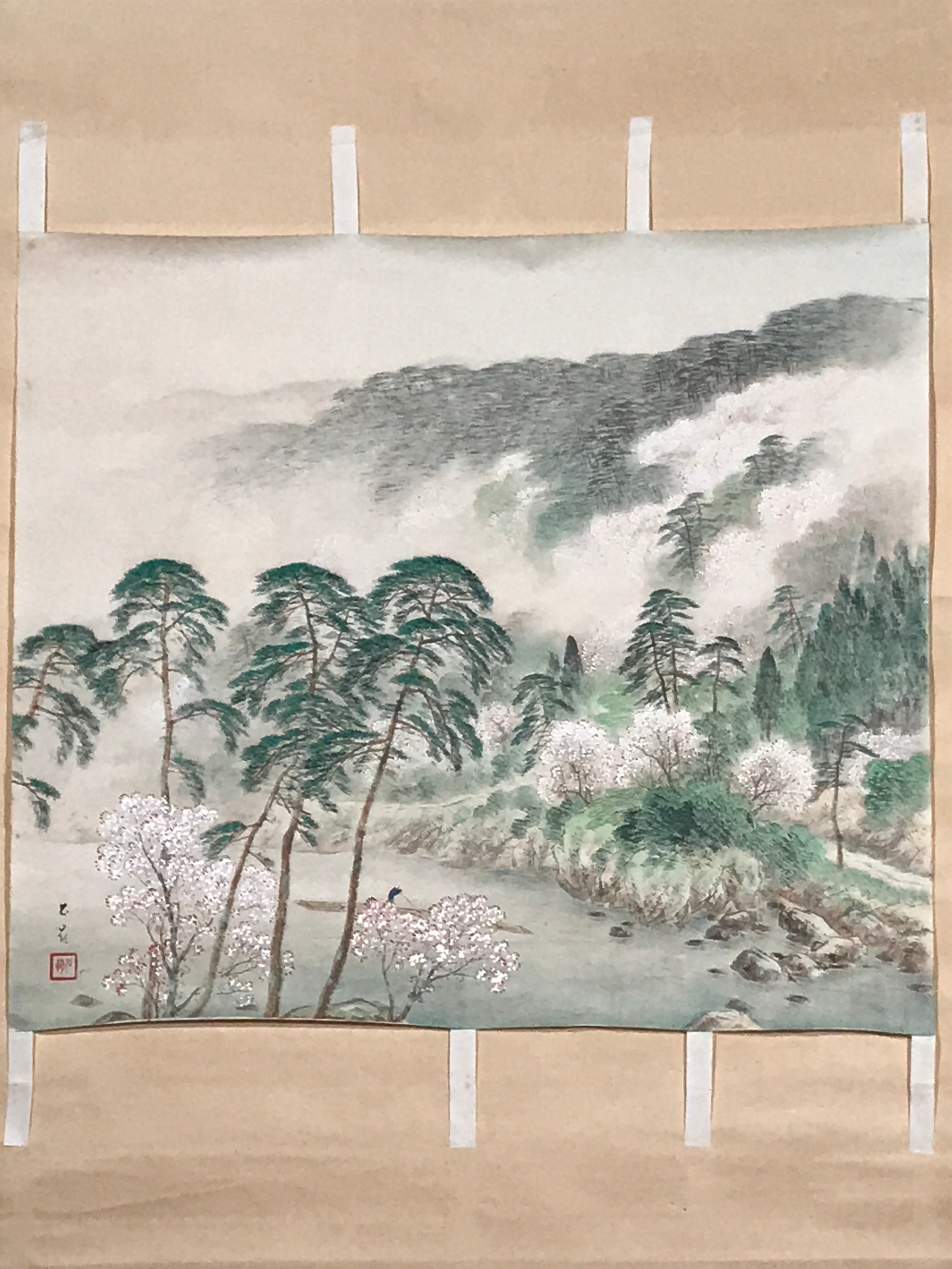 Japanese Hanging Scroll Vtg Mountain Trees River Sansui Kakejiku Chagake SC939