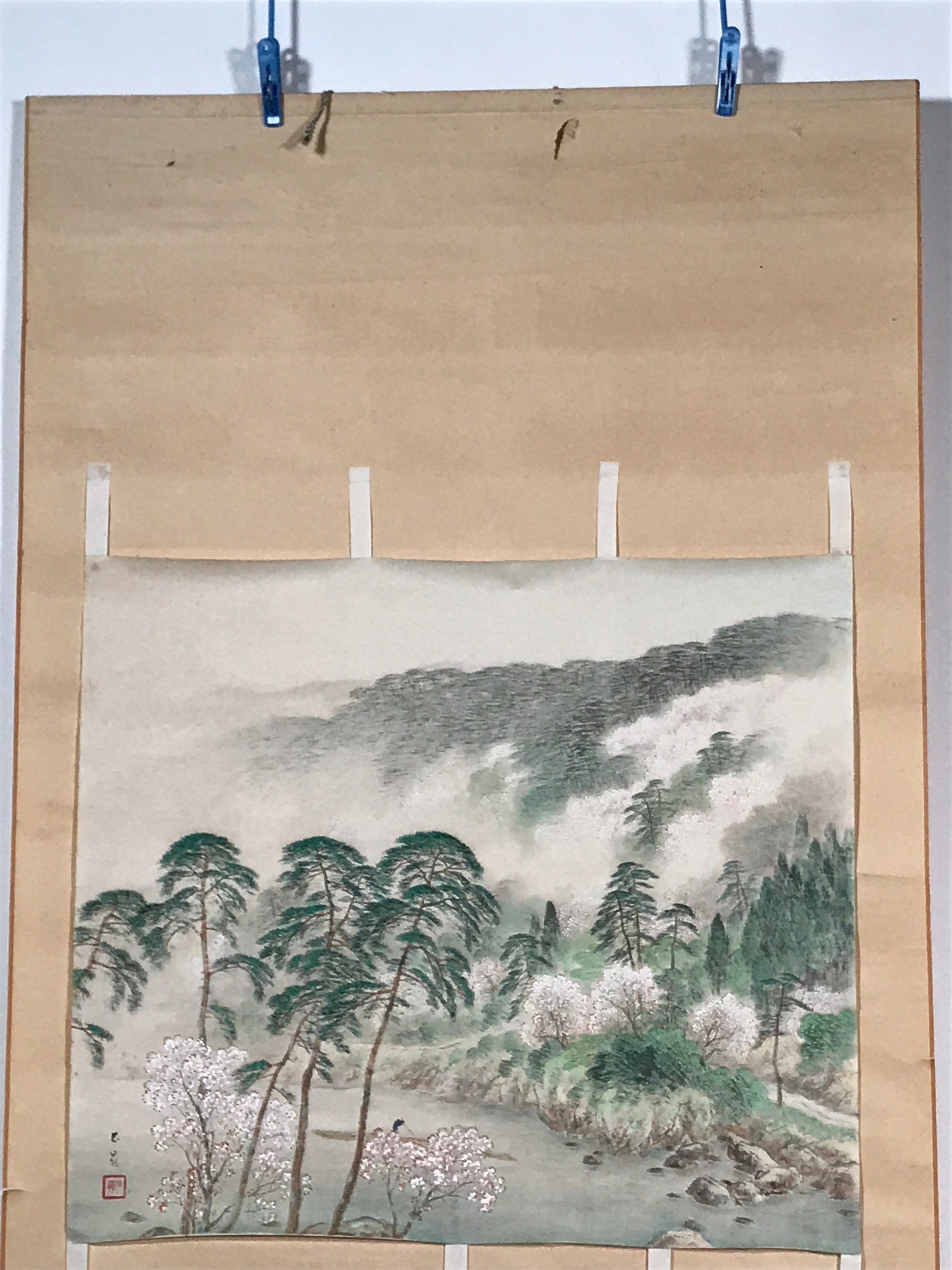 Japanese Hanging Scroll Vtg Mountain Trees River Sansui Kakejiku Chagake SC939