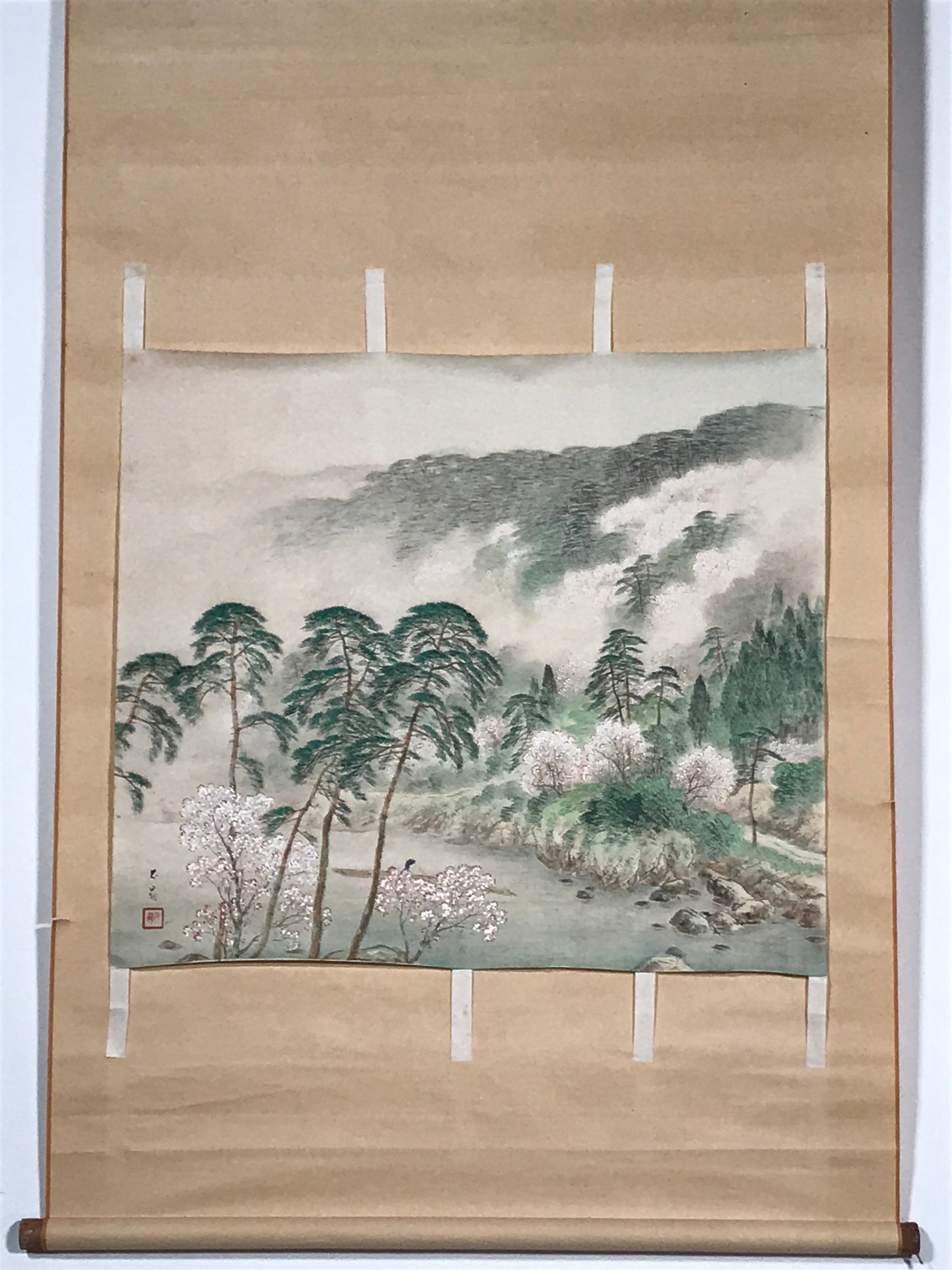 Japanese Hanging Scroll Vtg Mountain Trees River Sansui Kakejiku Chagake SC939