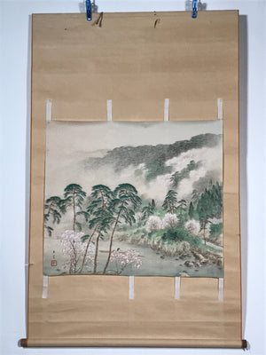 Japanese Hanging Scroll Vtg Mountain Trees River Sansui Kakejiku Chagake SC939