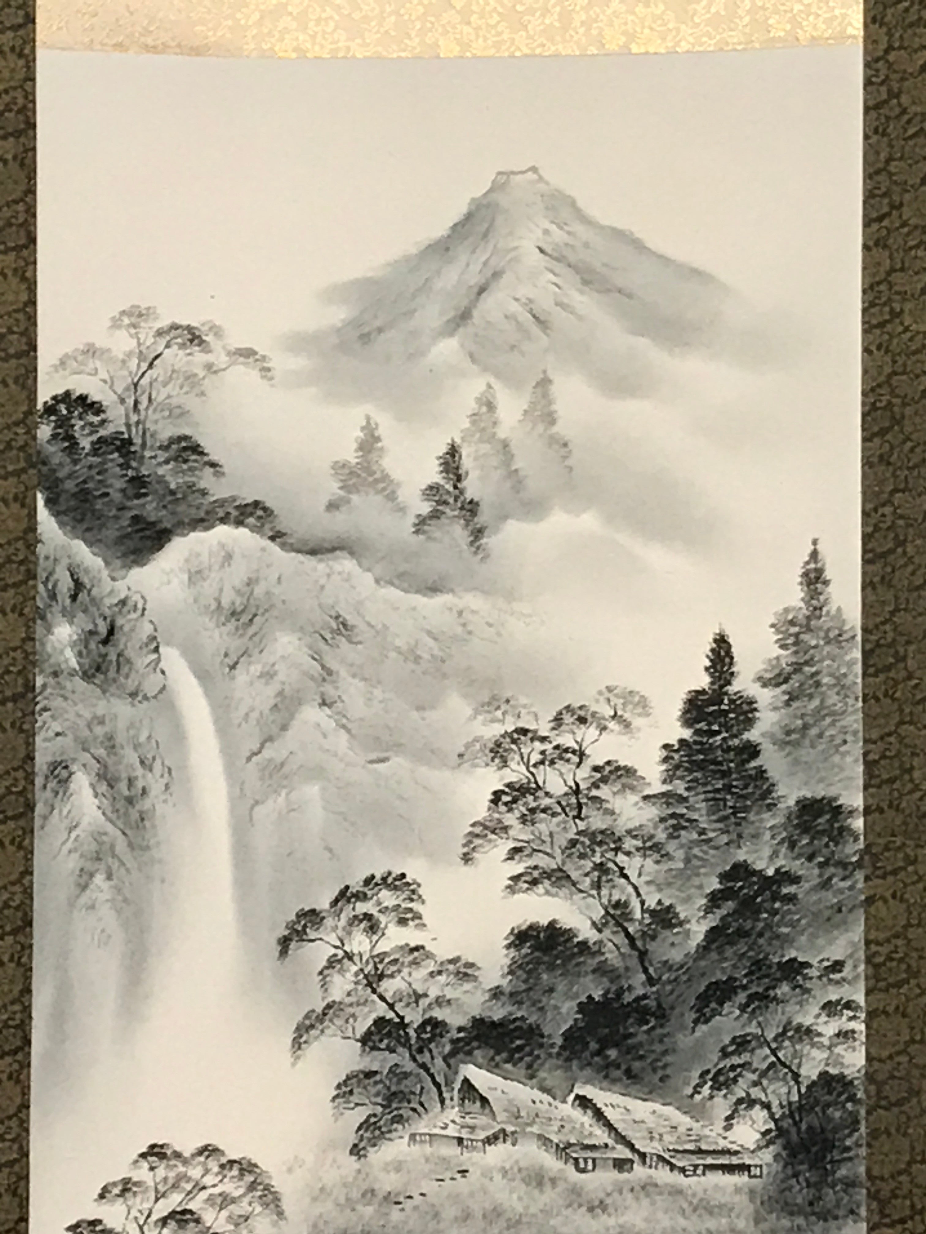 Japanese Hanging Scroll Vtg Mountain Waterfall Monochrome Sansui Kakejiku SC834