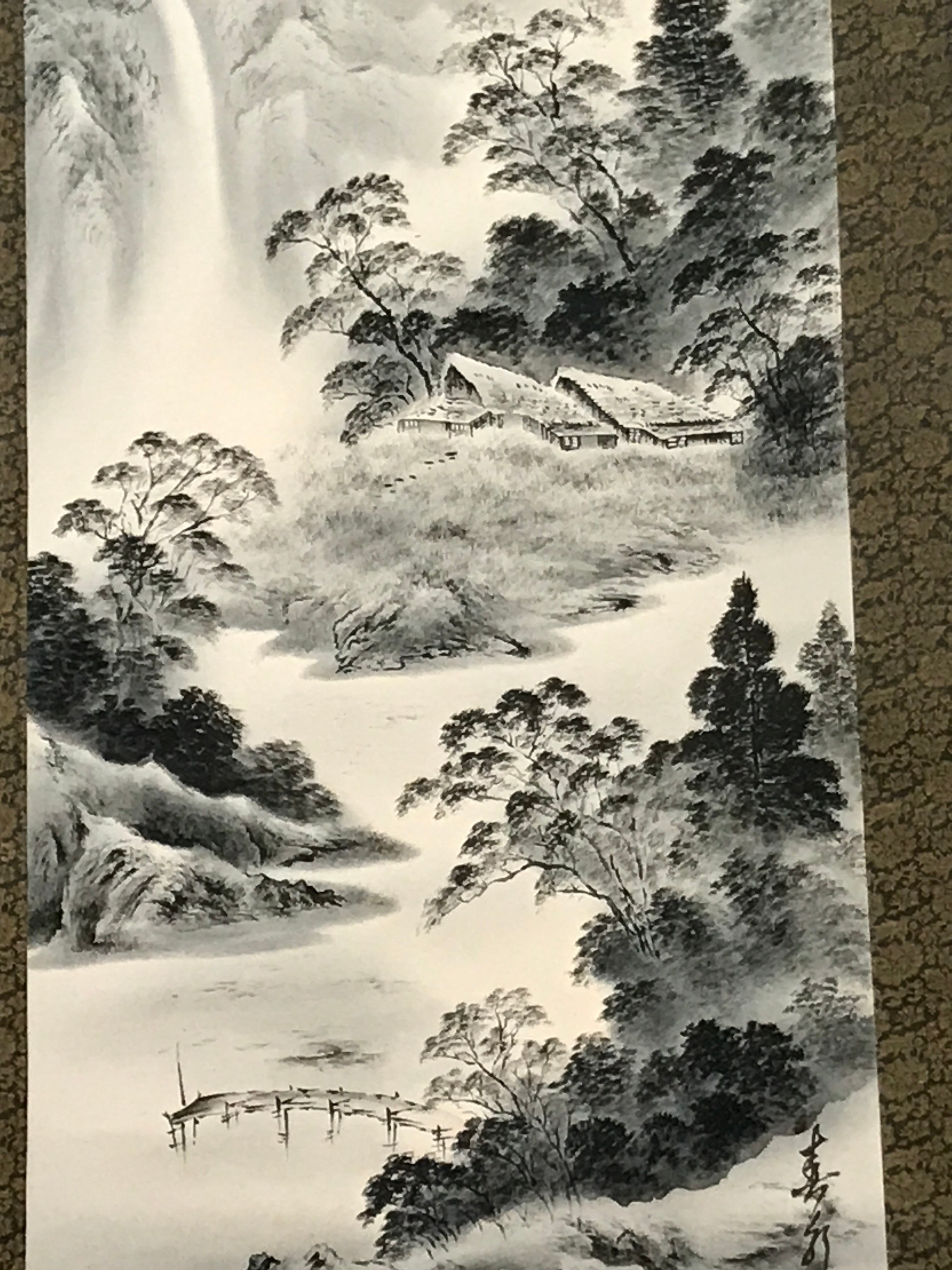 Japanese Hanging Scroll Vtg Mountain Waterfall Monochrome Sansui Kakejiku SC834