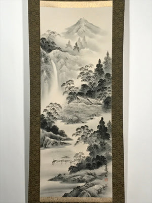 Japanese Hanging Scroll Vtg Mountain Waterfall Monochrome Sansui Kakejiku SC834