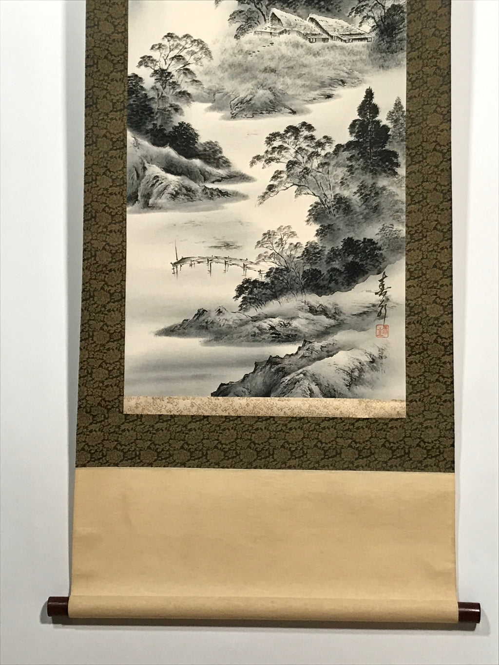 Japanese Hanging Scroll Vtg Mountain Waterfall Monochrome Sansui Kakejiku SC834