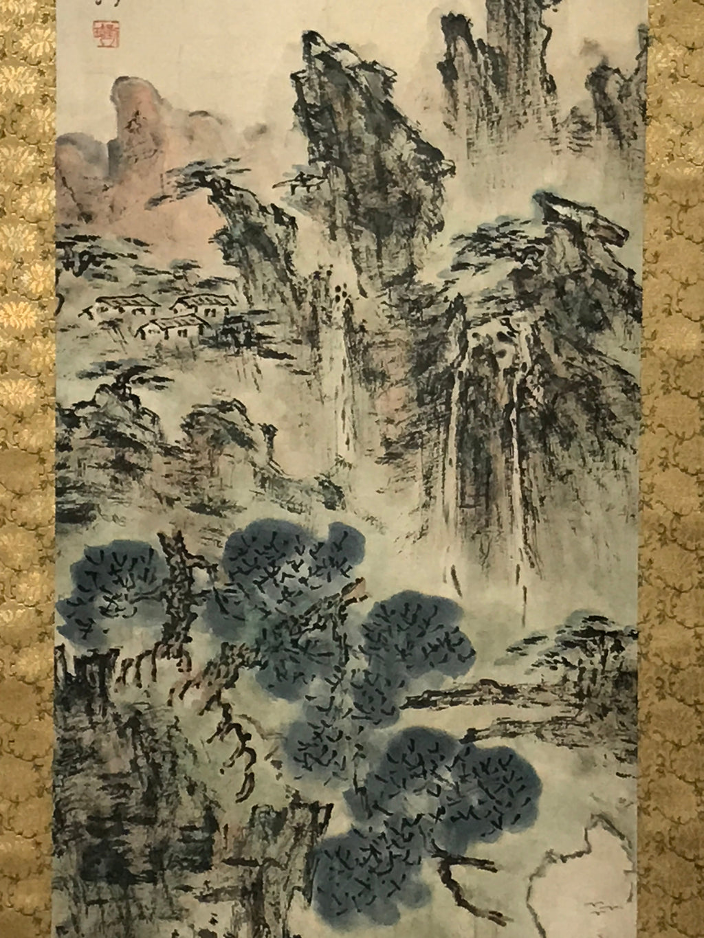 Japanese Hanging Scroll Vtg Mountains Landscape Green Kakejiku Chagake SC924