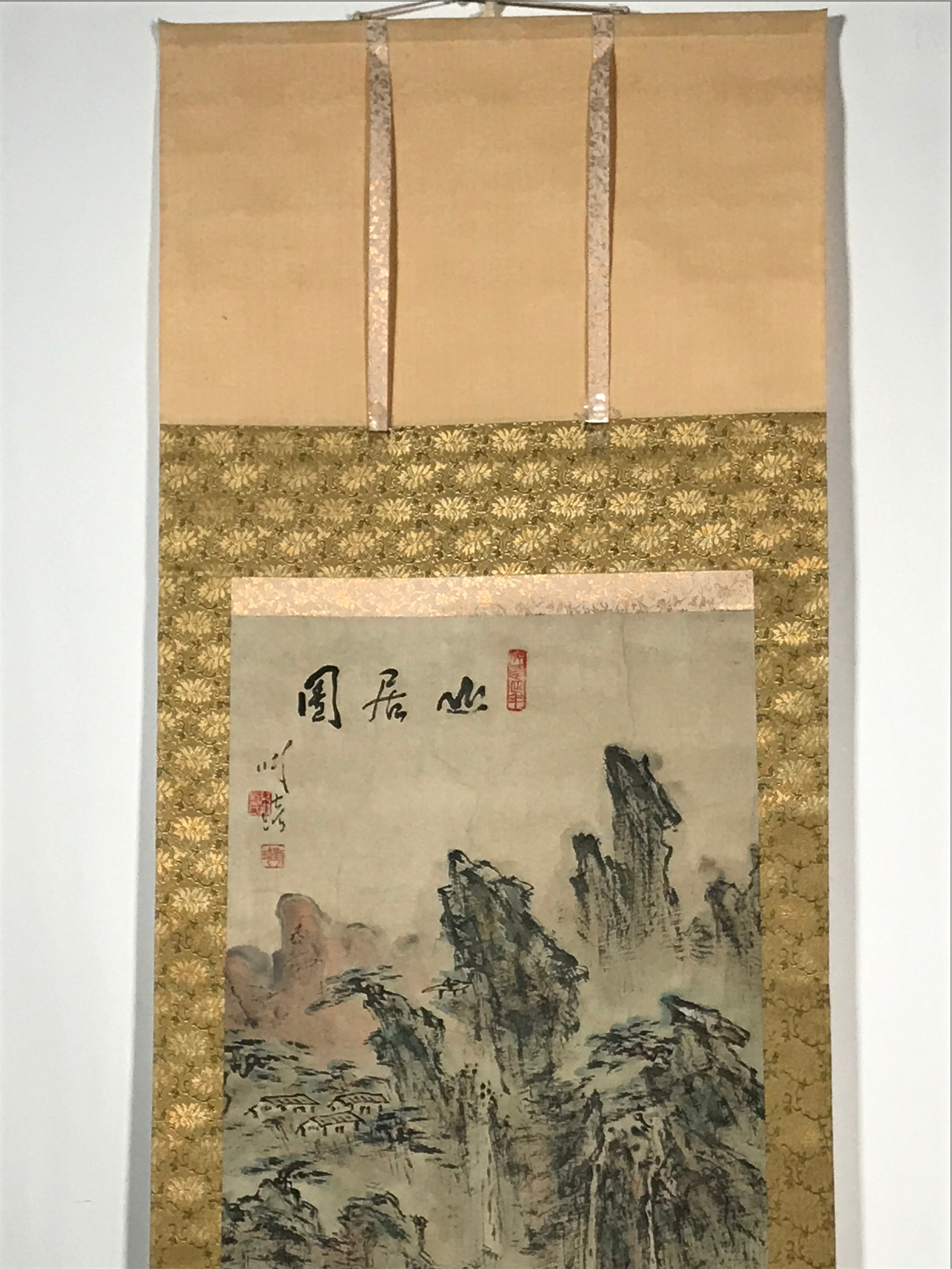 Japanese Hanging Scroll Vtg Mountains Landscape Green Kakejiku Chagake SC924