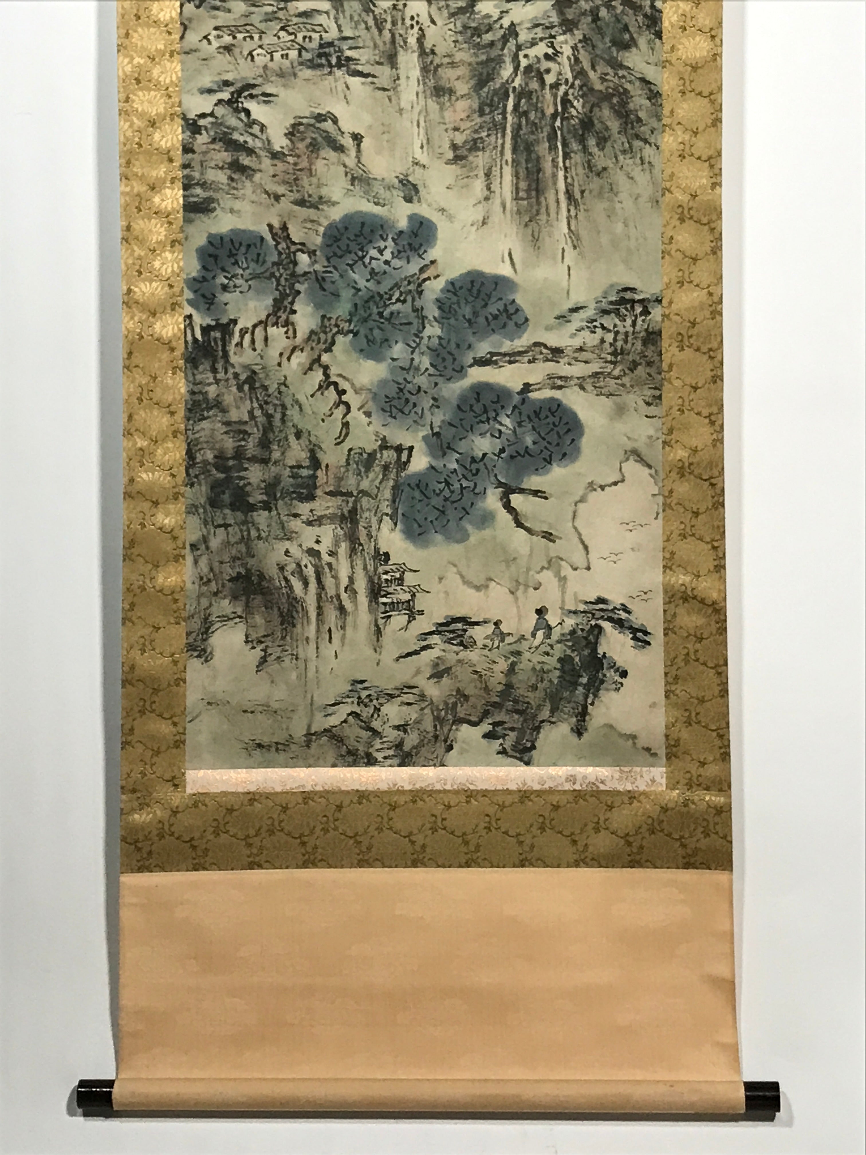 Japanese Hanging Scroll Vtg Mountains Landscape Green Kakejiku Chagake SC924