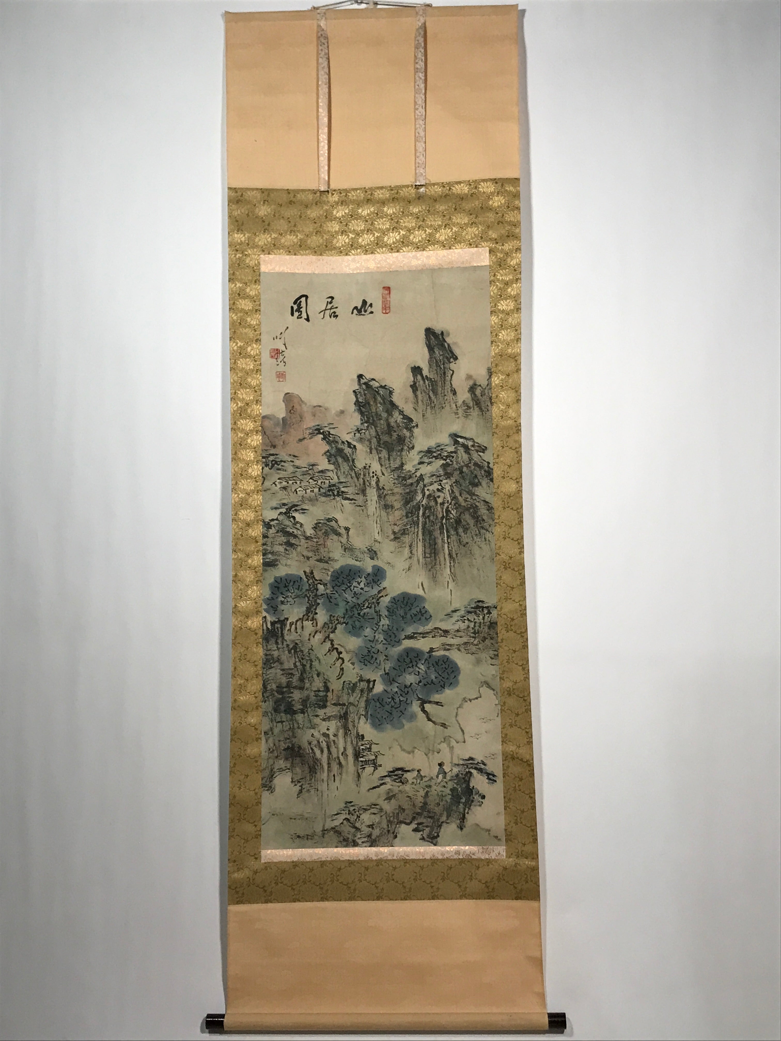 Japanese Hanging Scroll Vtg Mountains Landscape Green Kakejiku Chagake SC924