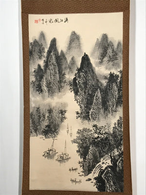 Japanese Hanging Scroll Vtg Mountains River Sansui Black Kakejiku Chagake SC918