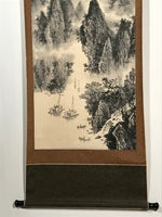 Japanese Hanging Scroll Vtg Mountains River Sansui Black Kakejiku Chagake SC918