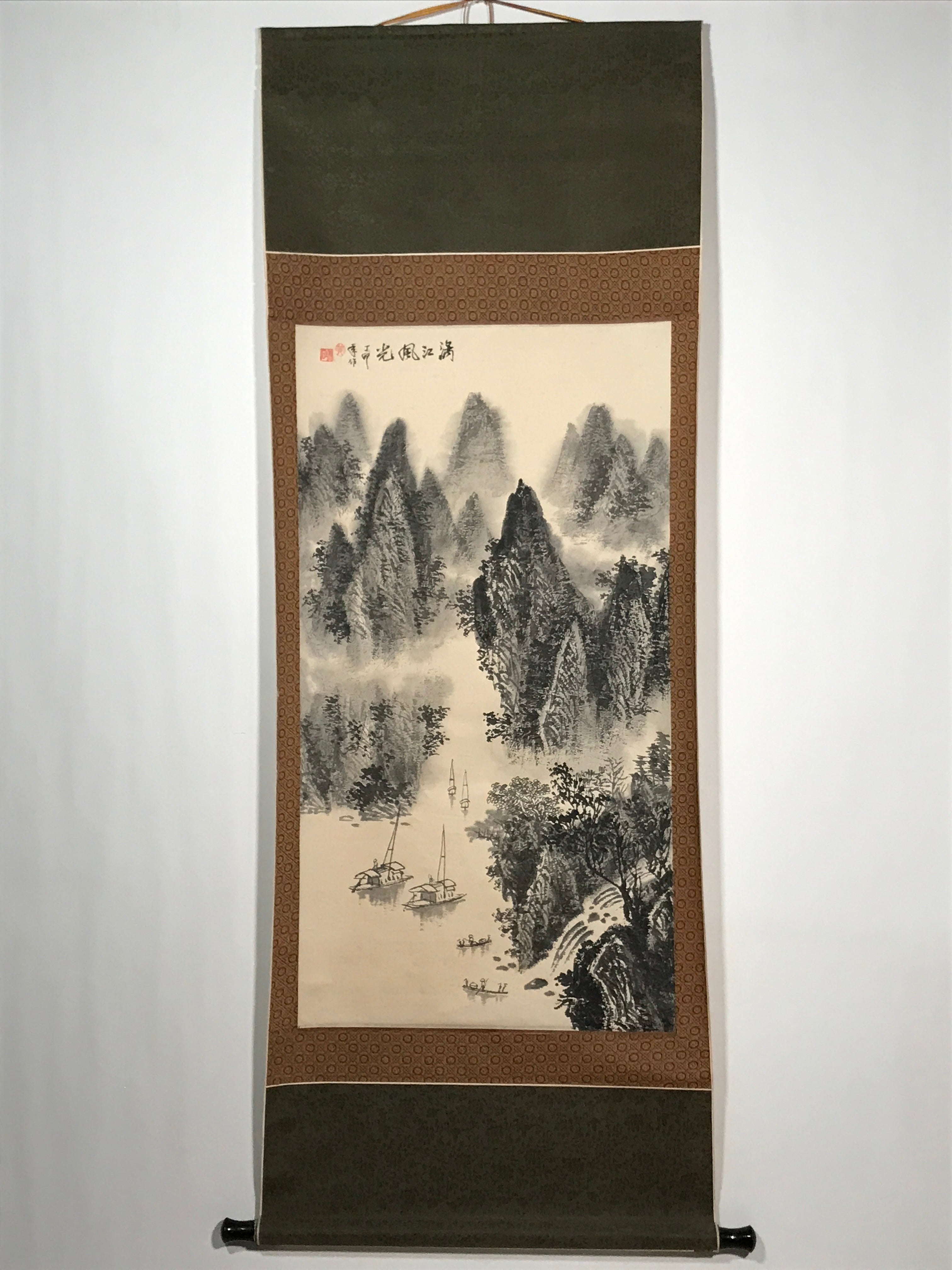 Japanese Hanging Scroll Vtg Mountains River Sansui Black Kakejiku Chagake SC918