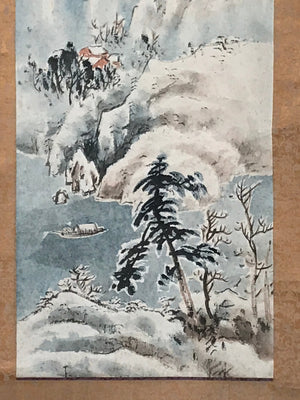 Japanese Hanging Scroll Vtg Mountains River Small Boat Colored Sansui SC912