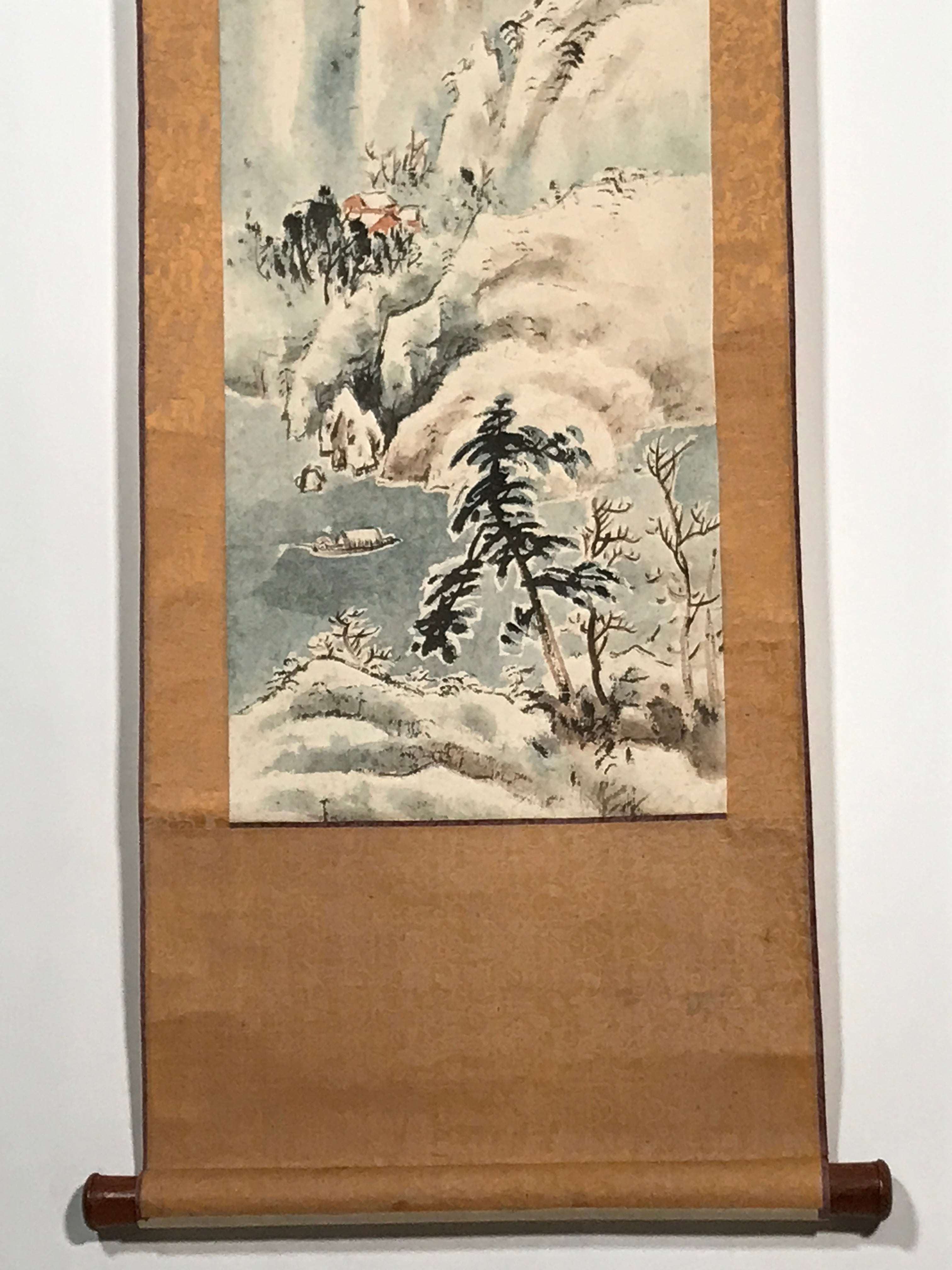 Japanese Hanging Scroll Vtg Mountains River Small Boat Colored Sansui SC912