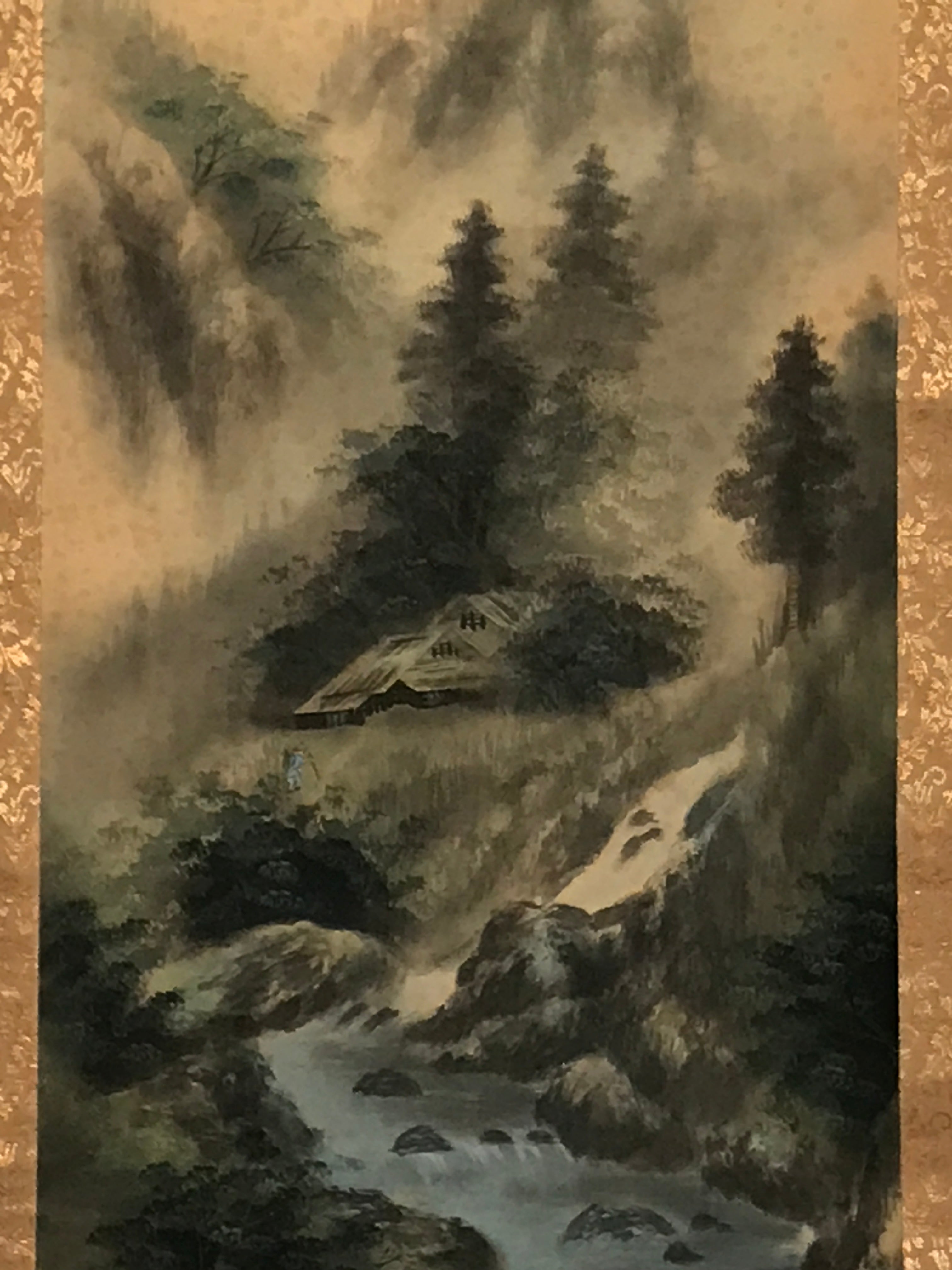 Japanese Hanging Scroll Vtg Mountains Trees River Sansui Kakejiku SC849