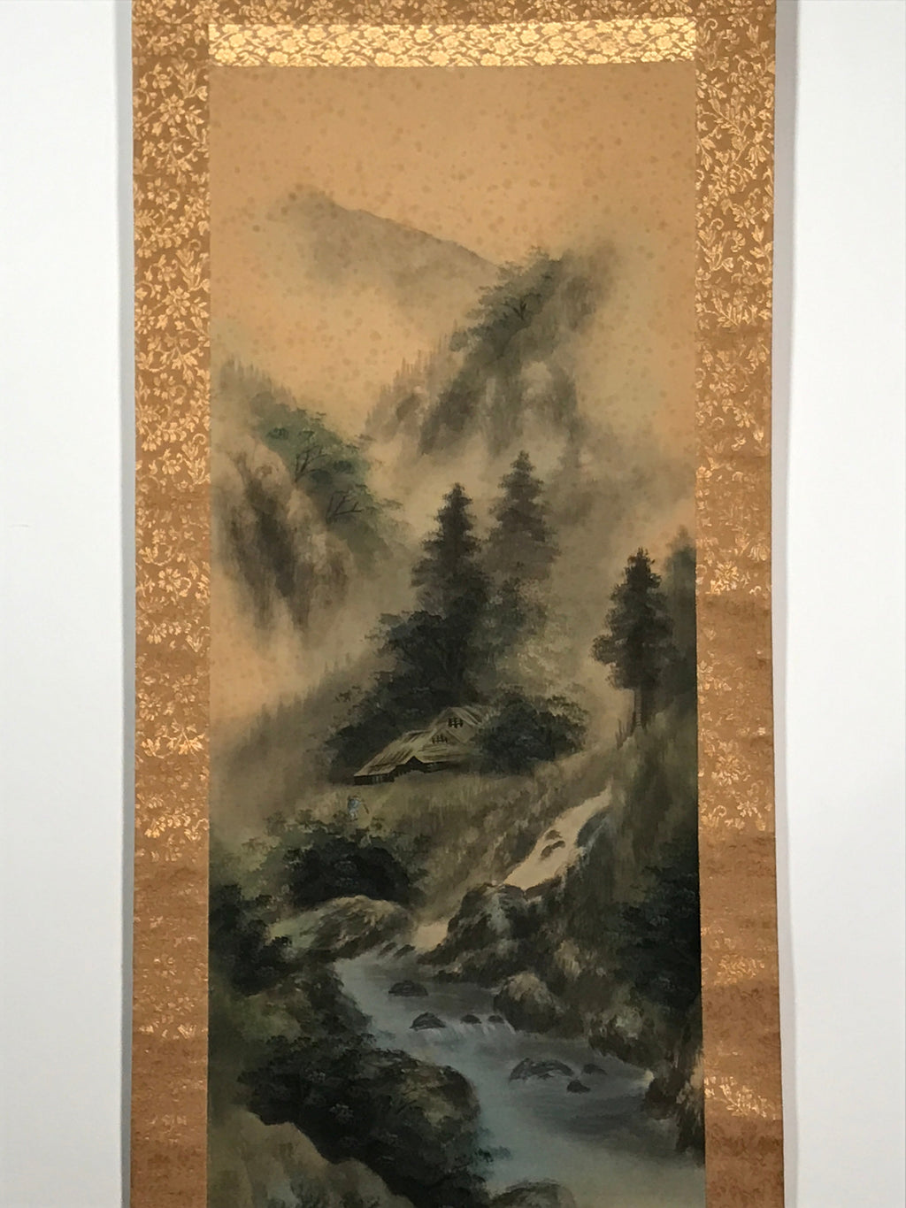 Japanese Hanging Scroll Vtg Mountains Trees River Sansui Kakejiku SC849
