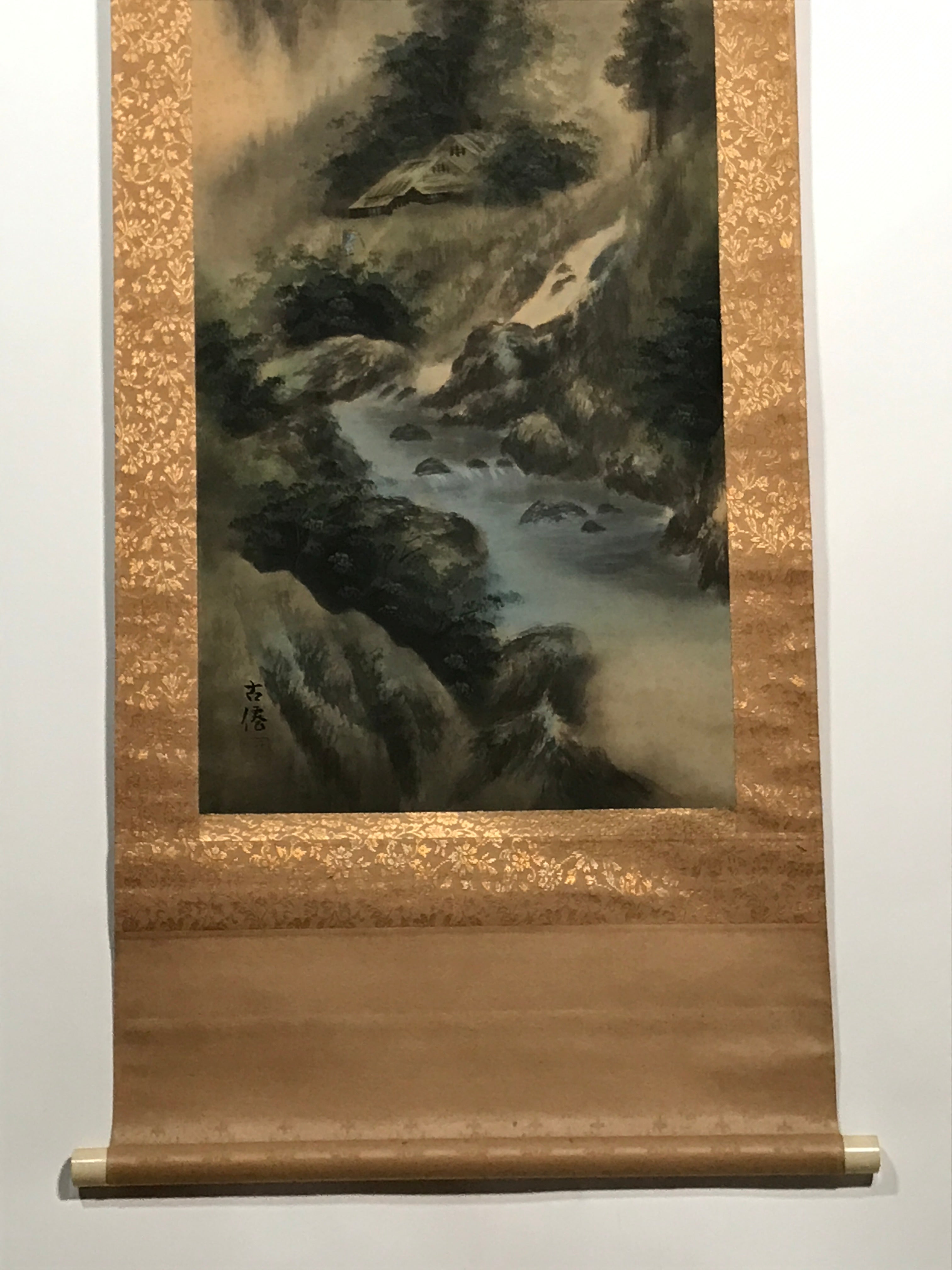 Japanese Hanging Scroll Vtg Mountains Trees River Sansui Kakejiku SC849