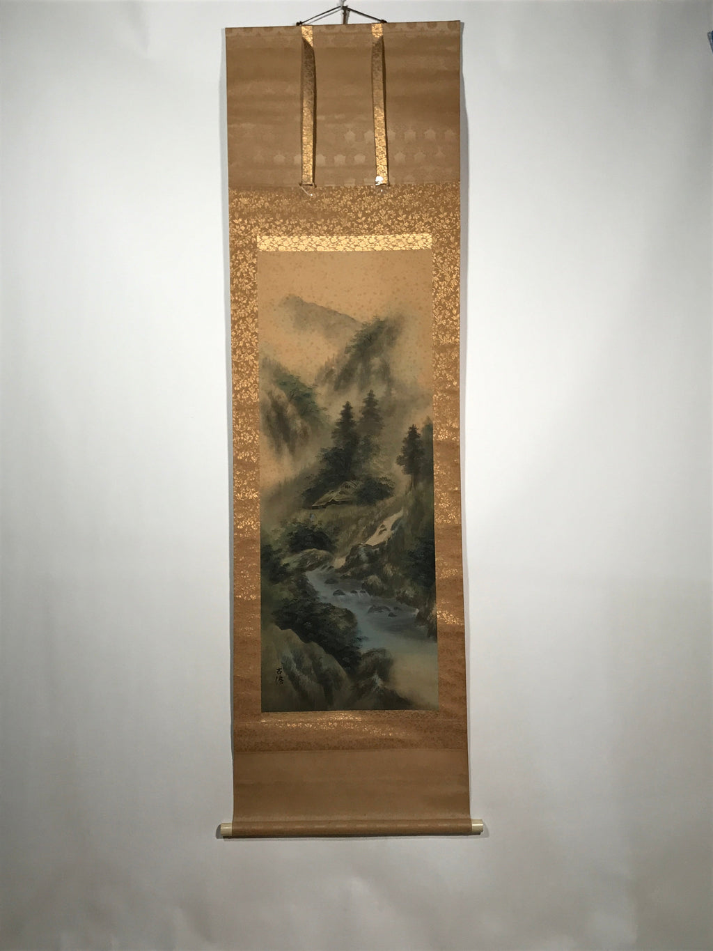 Japanese Hanging Scroll Vtg Mountains Trees River Sansui Kakejiku SC849