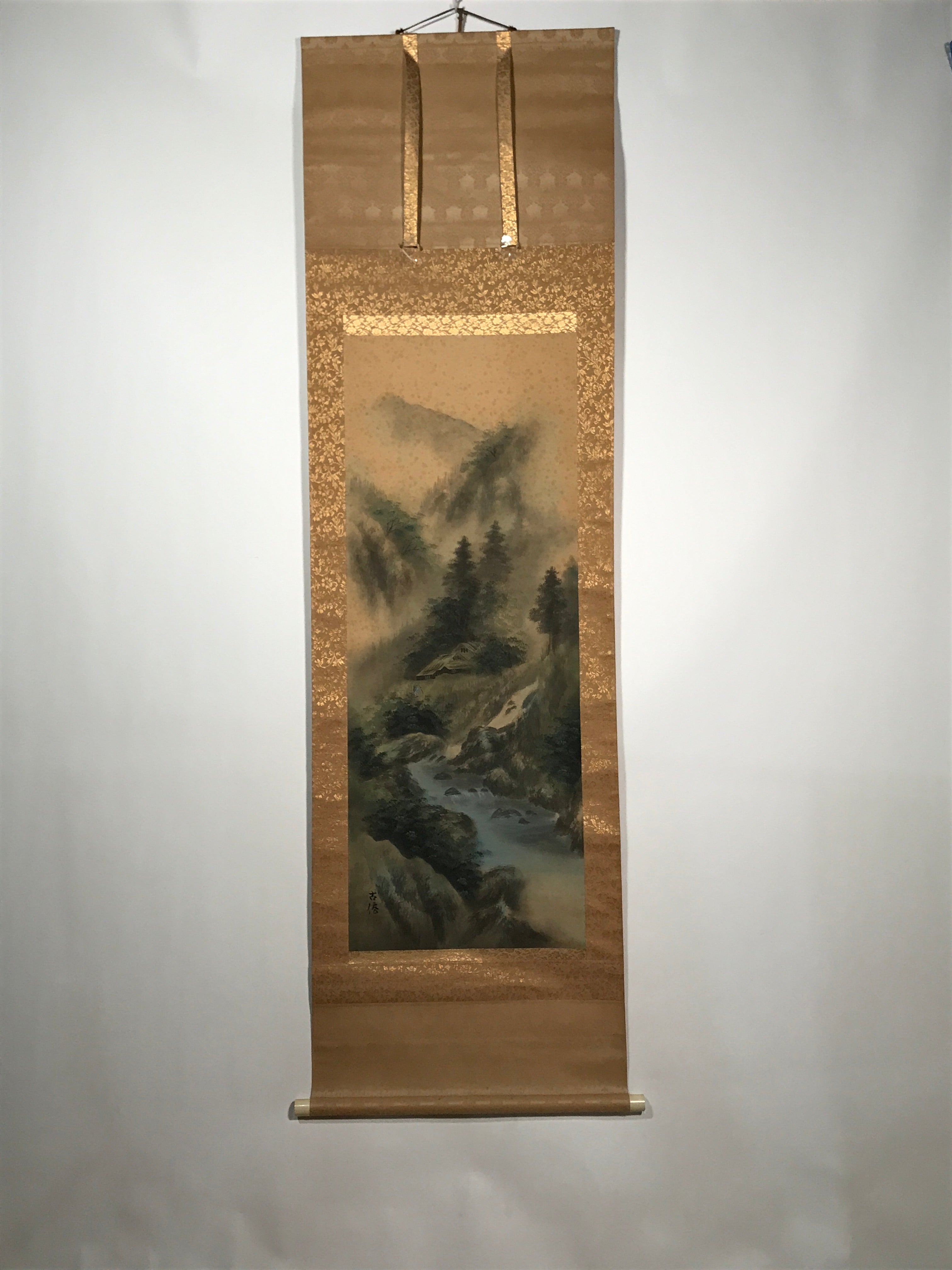 Japanese Hanging Scroll Vtg Mountains Trees River Sansui Kakejiku SC849