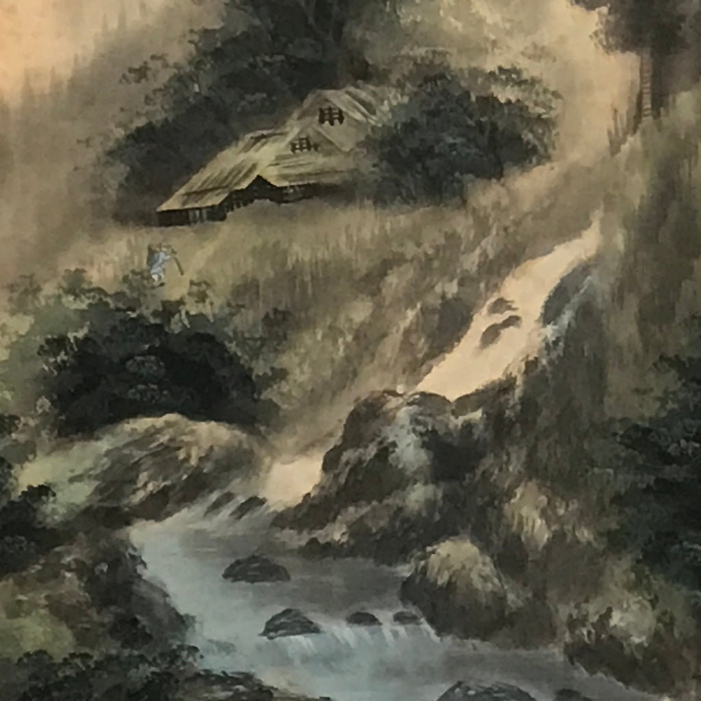 Japanese Hanging Scroll Vtg Mountains Trees River Sansui Kakejiku SC849