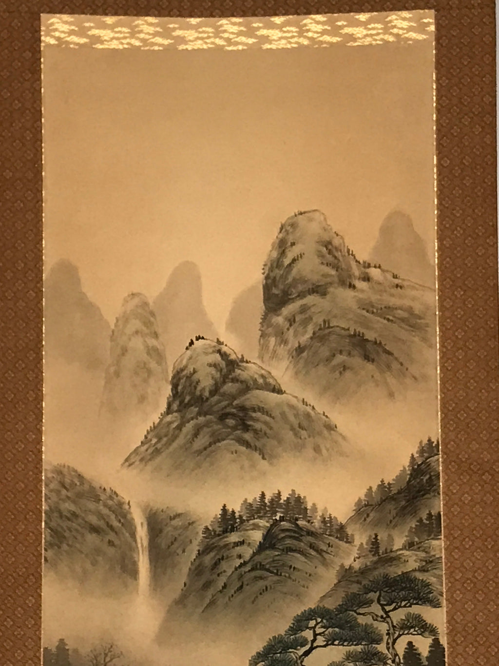 Japanese Hanging Scroll Vtg Mountains Waterfall Bridge Sansui Kakejiku SC854