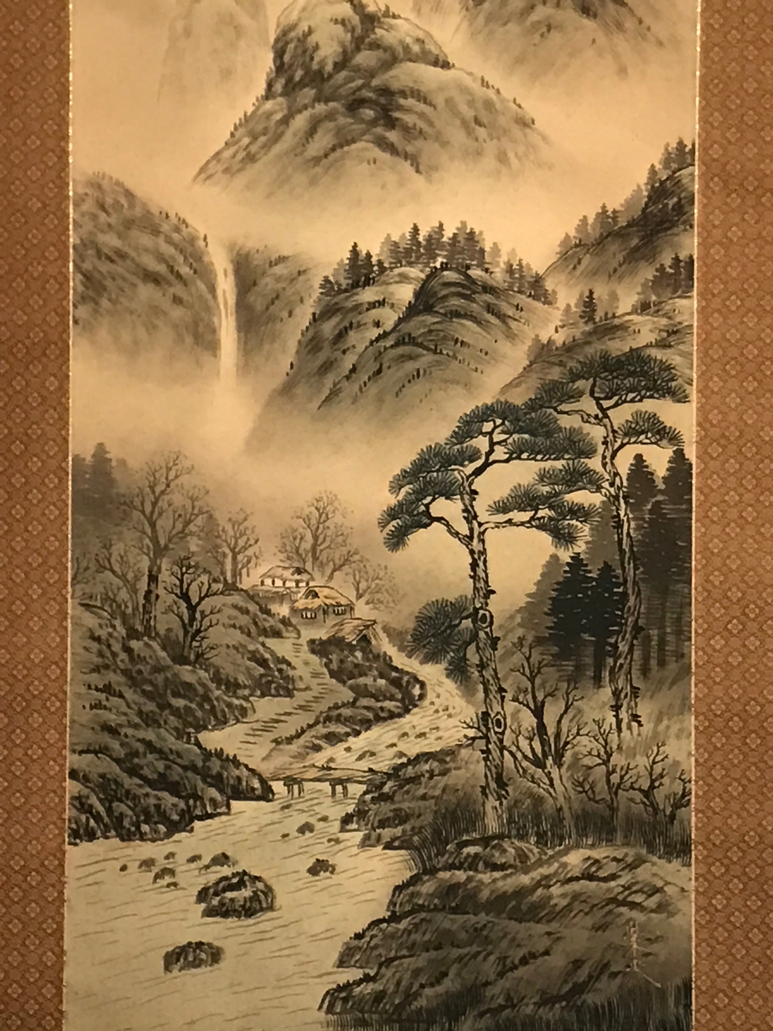 Japanese Hanging Scroll Vtg Mountains Waterfall Bridge Sansui Kakejiku SC854