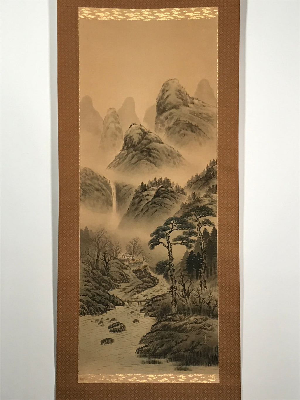 Japanese Hanging Scroll Vtg Mountains Waterfall Bridge Sansui Kakejiku SC854