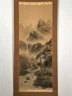 Japanese Hanging Scroll Vtg Mountains Waterfall Bridge Sansui Kakejiku SC854