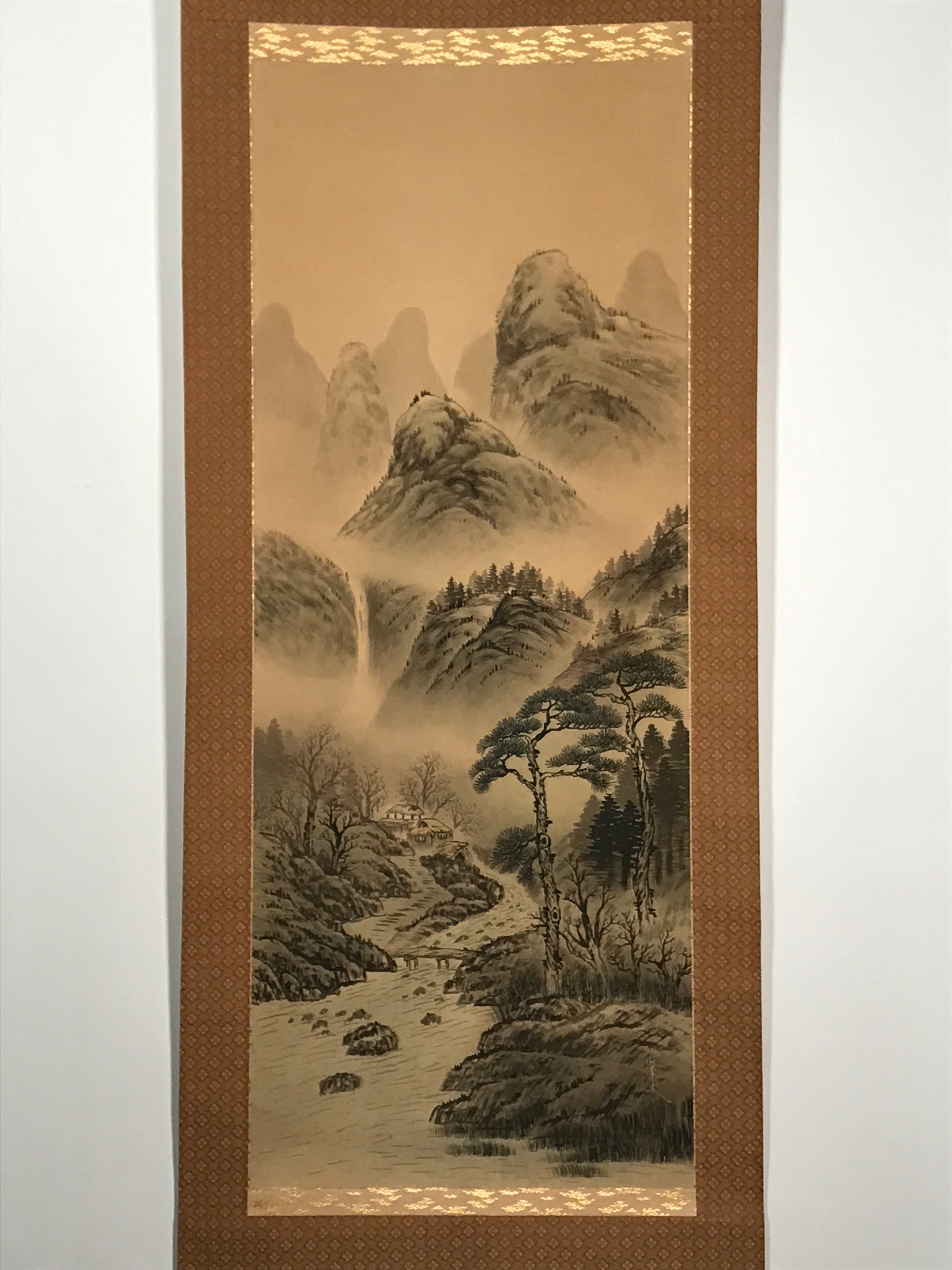 Japanese Hanging Scroll Vtg Mountains Waterfall Bridge Sansui Kakejiku SC854