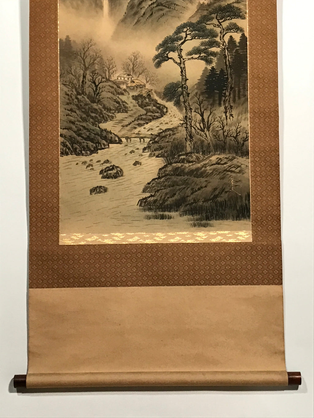 Japanese Hanging Scroll Vtg Mountains Waterfall Bridge Sansui Kakejiku SC854