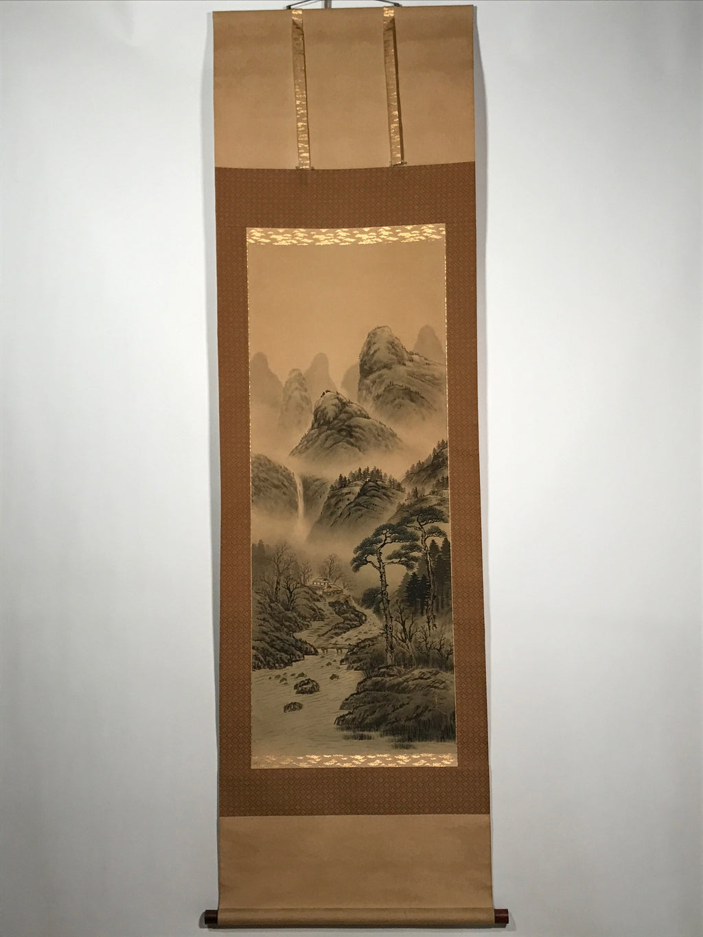 Japanese Hanging Scroll Vtg Mountains Waterfall Bridge Sansui Kakejiku SC854