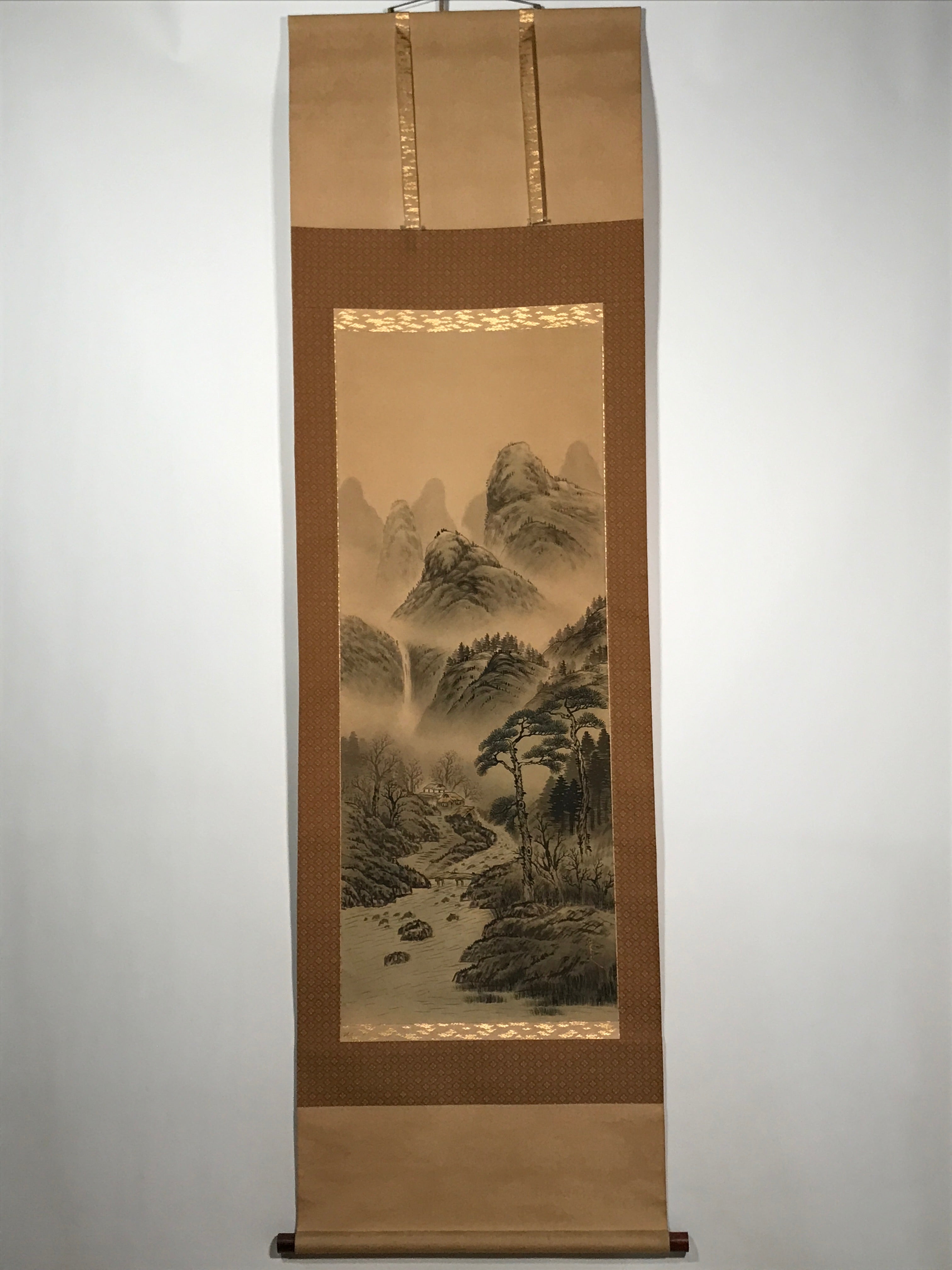 Japanese Hanging Scroll Vtg Mountains Waterfall Bridge Sansui Kakejiku SC854