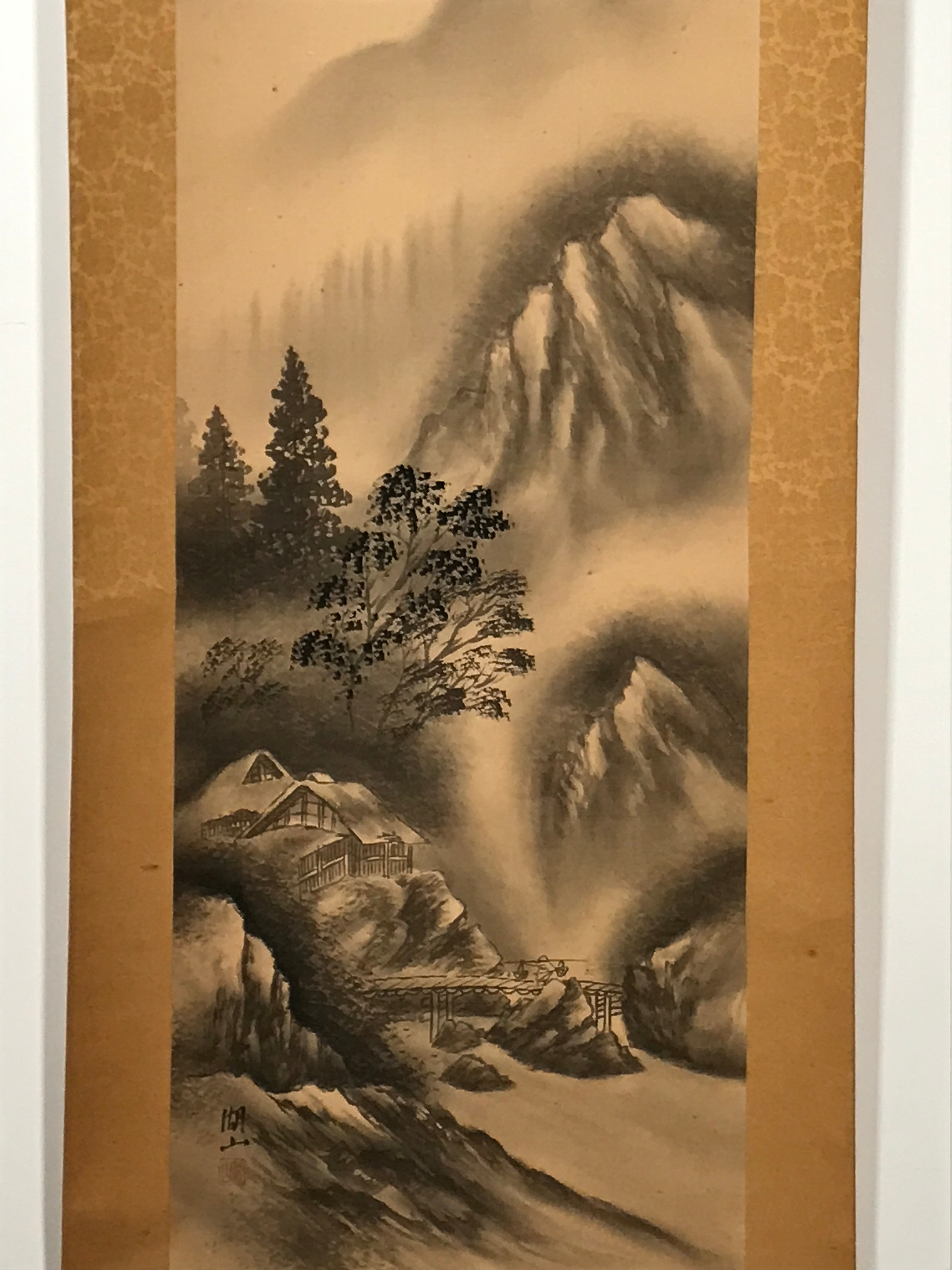 Japanese Hanging Scroll Vtg Mountains Wood Bridge Village Sansui Kakejiku SC818