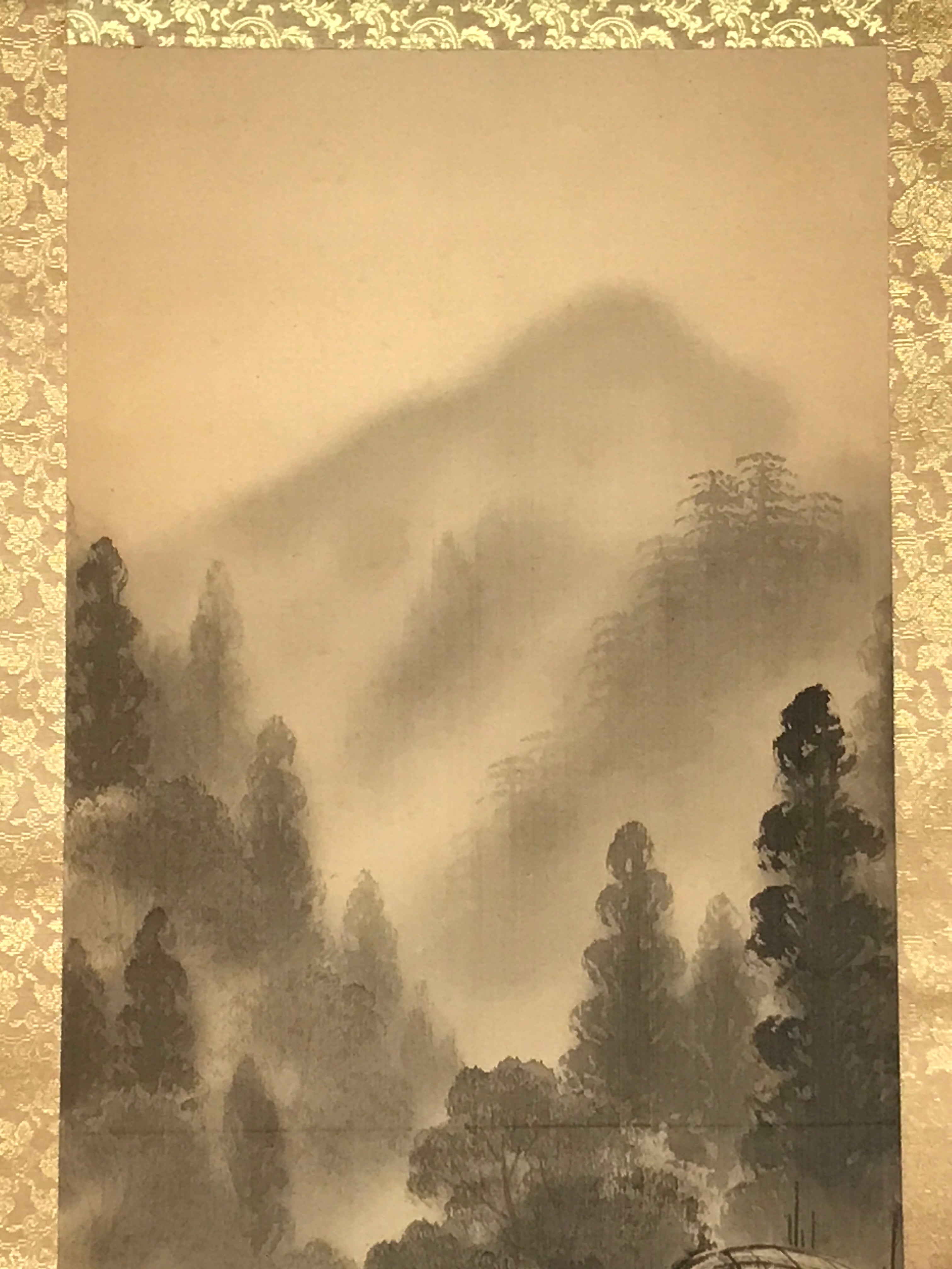 Japanese Hanging Scroll Vtg Moutains Bridge Monochrome Sansui Kakejiku SC895