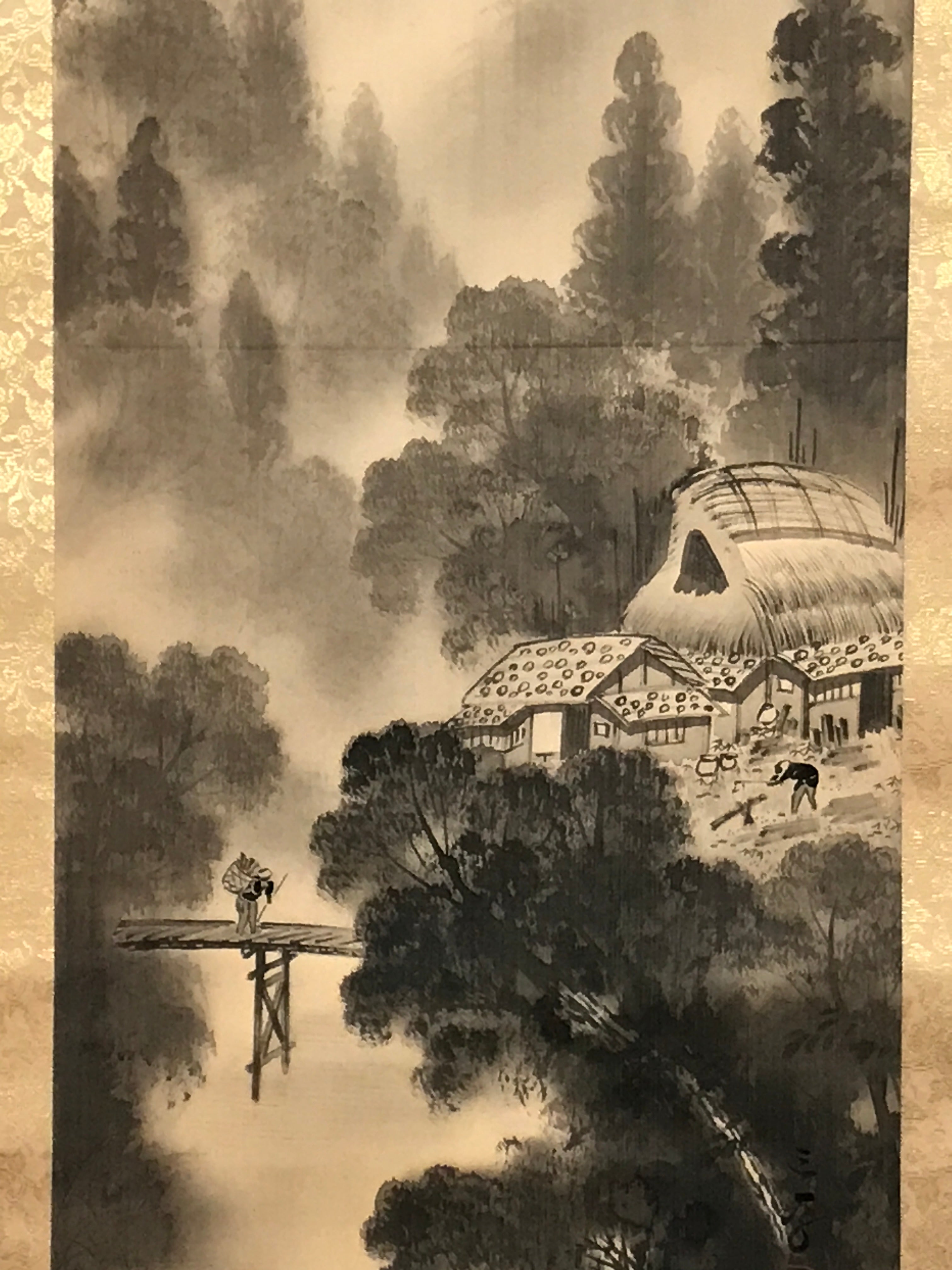 Japanese Hanging Scroll Vtg Moutains Bridge Monochrome Sansui Kakejiku SC895