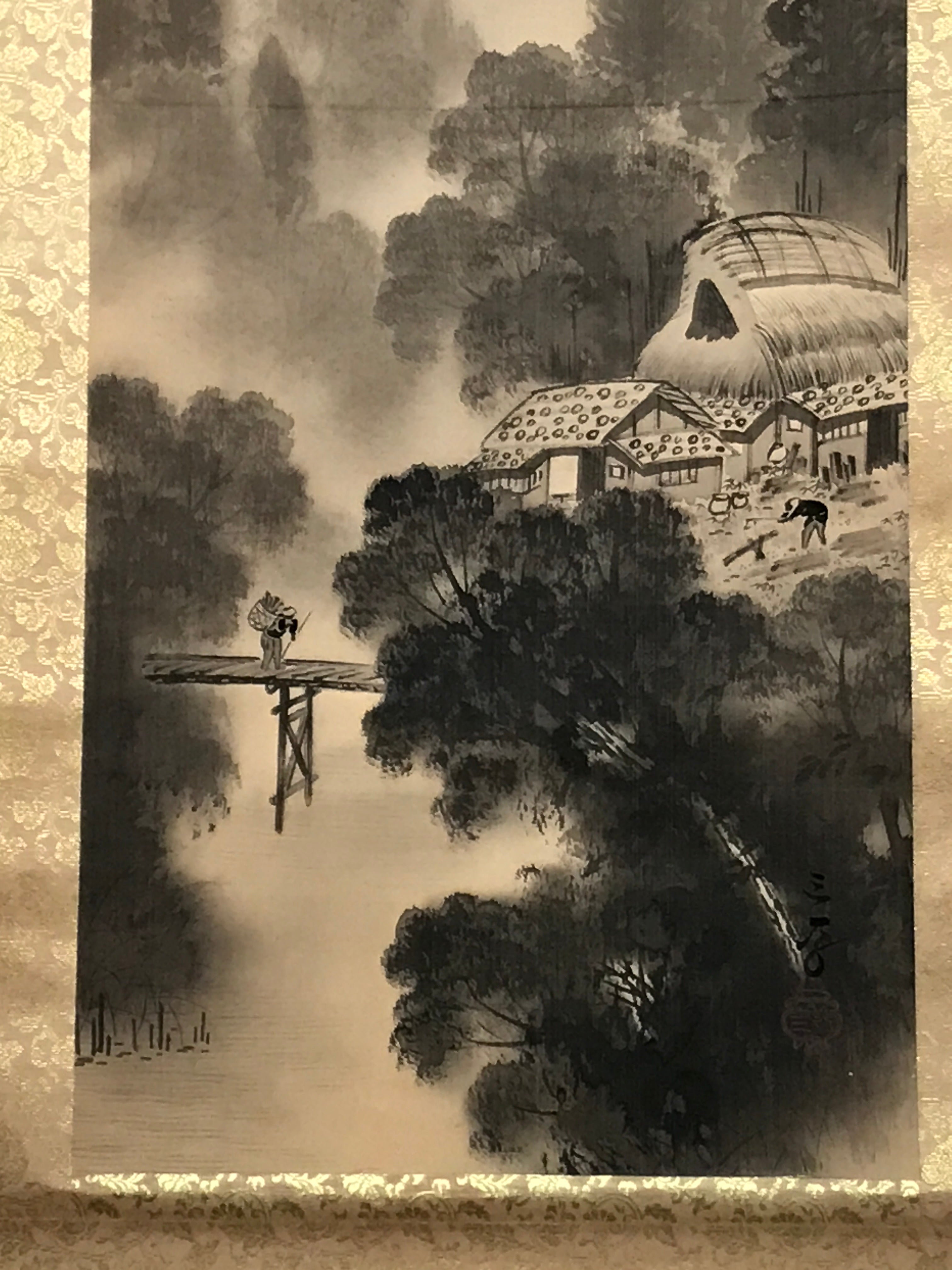Japanese Hanging Scroll Vtg Moutains Bridge Monochrome Sansui Kakejiku SC895