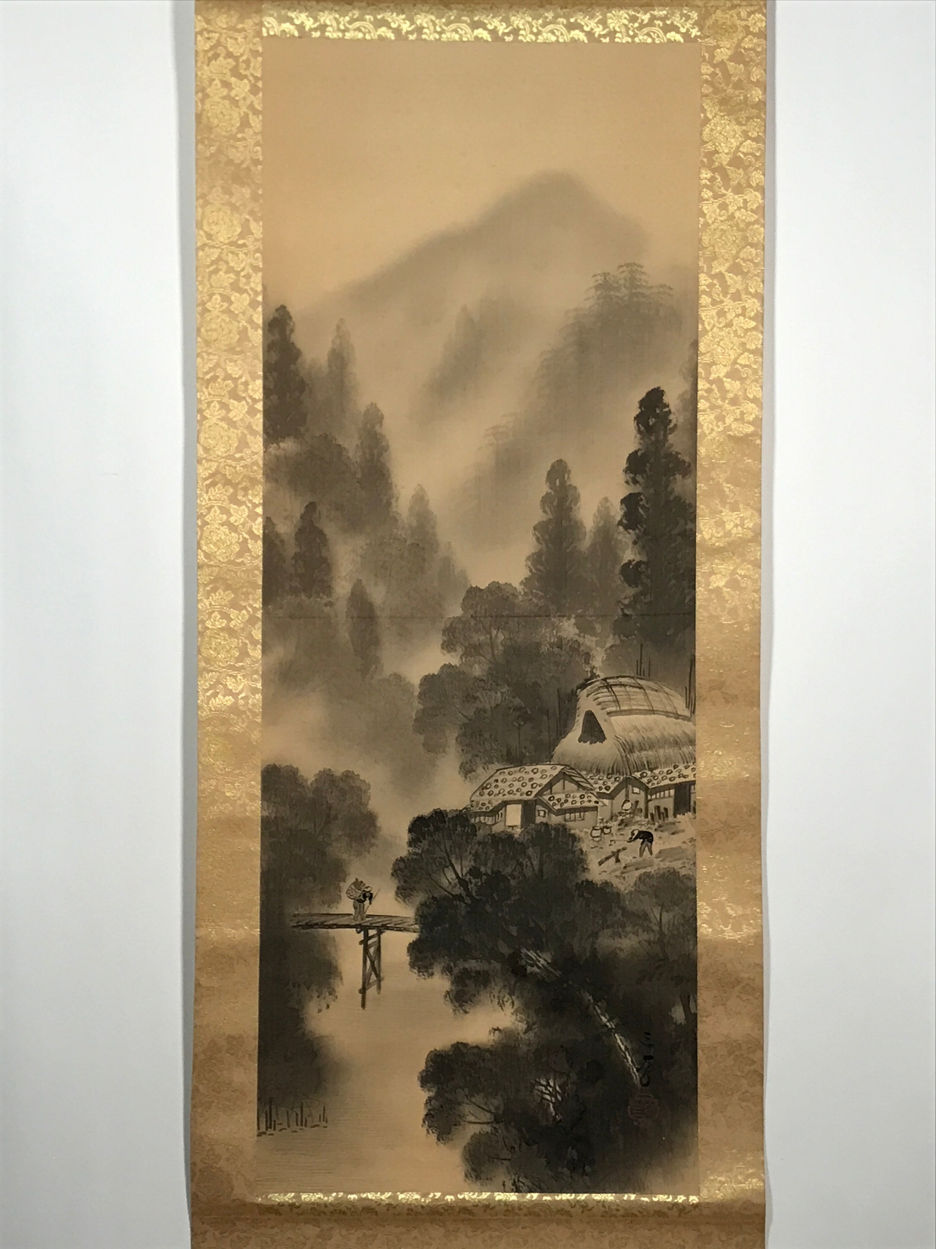 Japanese Hanging Scroll Vtg Moutains Bridge Monochrome Sansui Kakejiku SC895